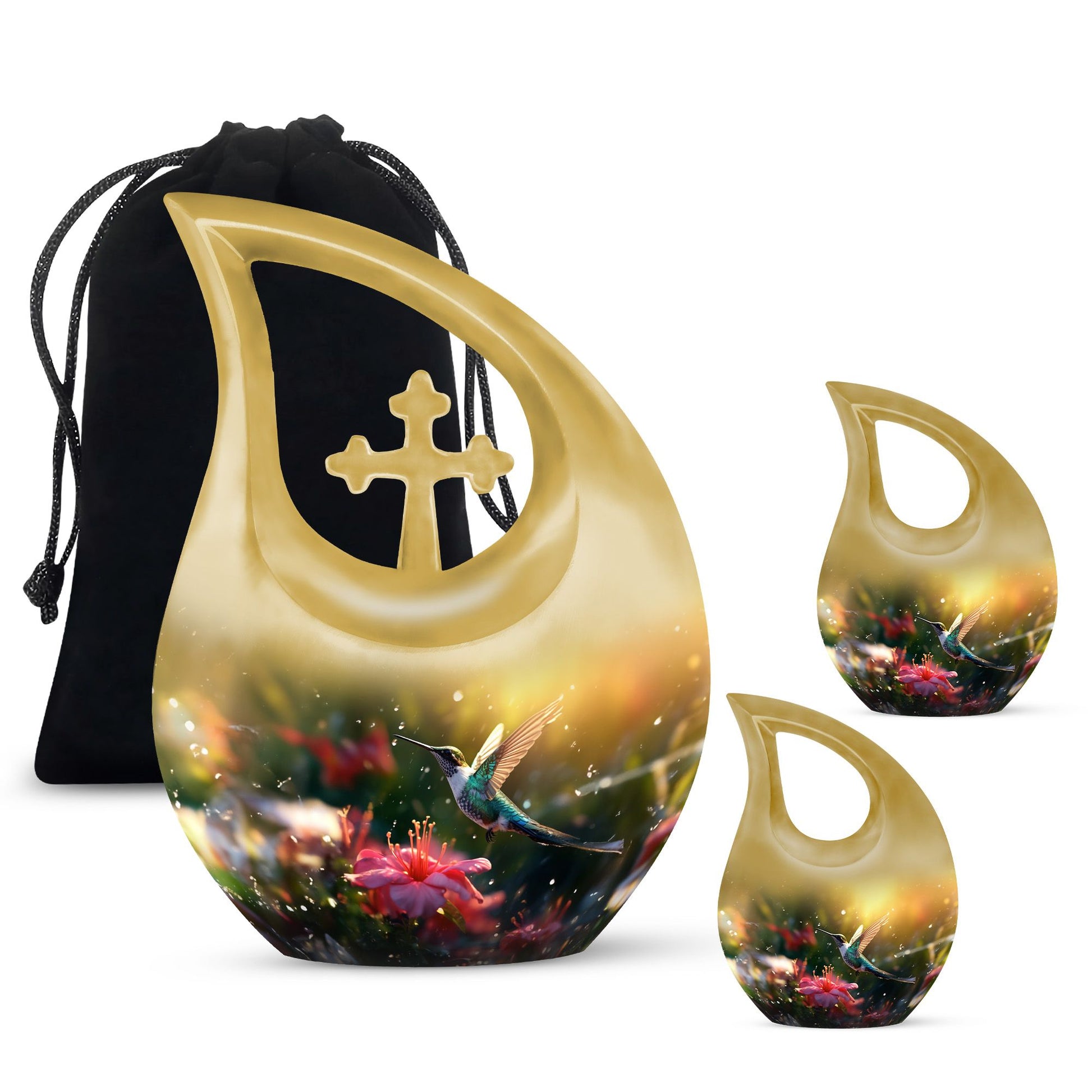 Large Humming Birds Burial Urn with Cross Drop design for adults, comes with velvet pouch