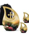 Large Humming Birds Burial Urn with Cross Drop design for adults, comes with velvet pouch