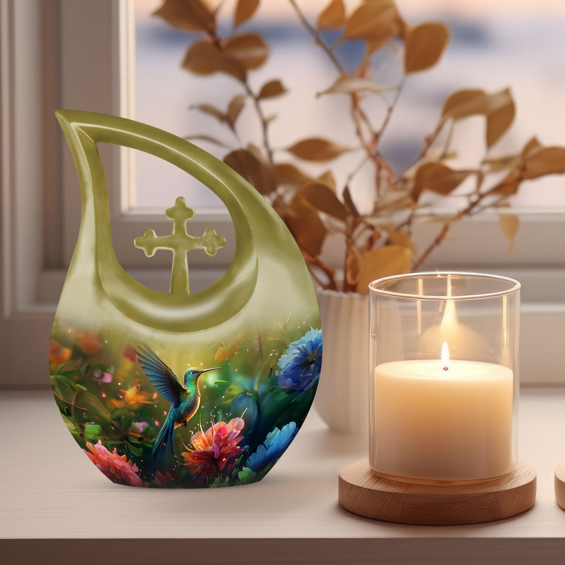 10-inch Cross Drop Design Humming Birds Urn, Cremation Urn for Human Ashes, Memorial Urn in Aluminum