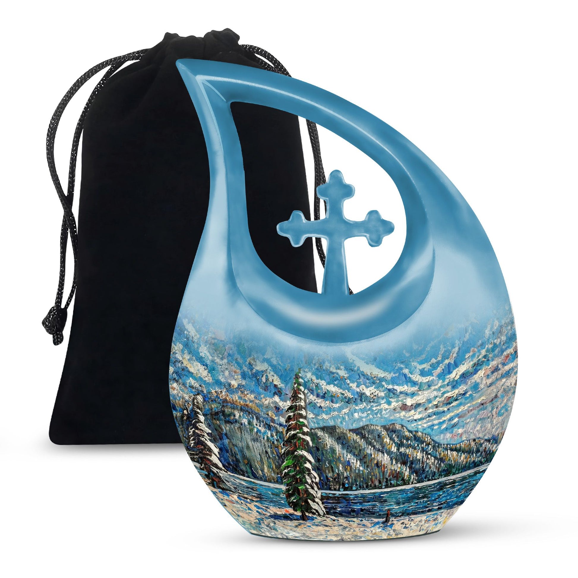 Extra large Mountain-themed cross drop cremation urn 