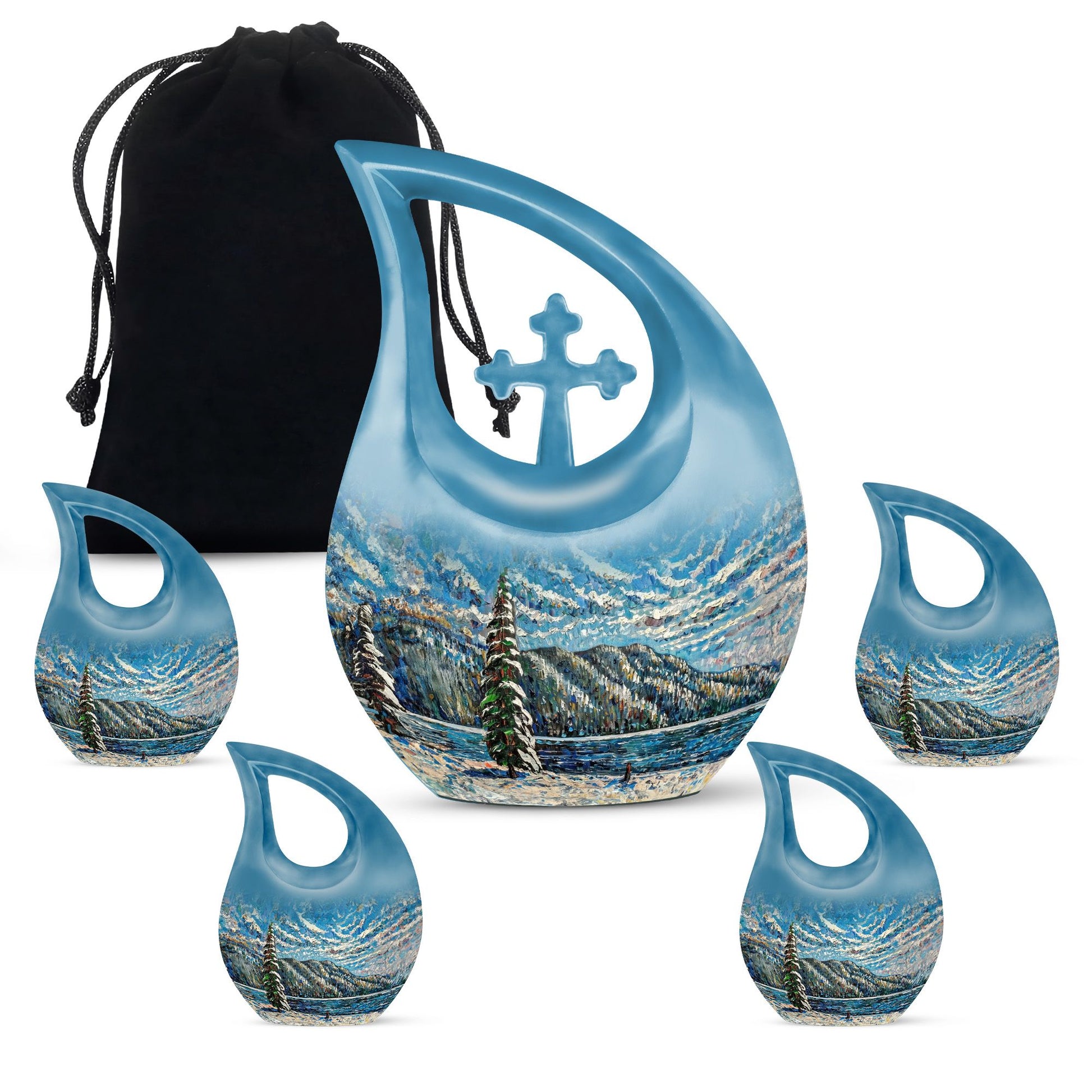 Extra large Mountain-themed cross drop cremation urn 