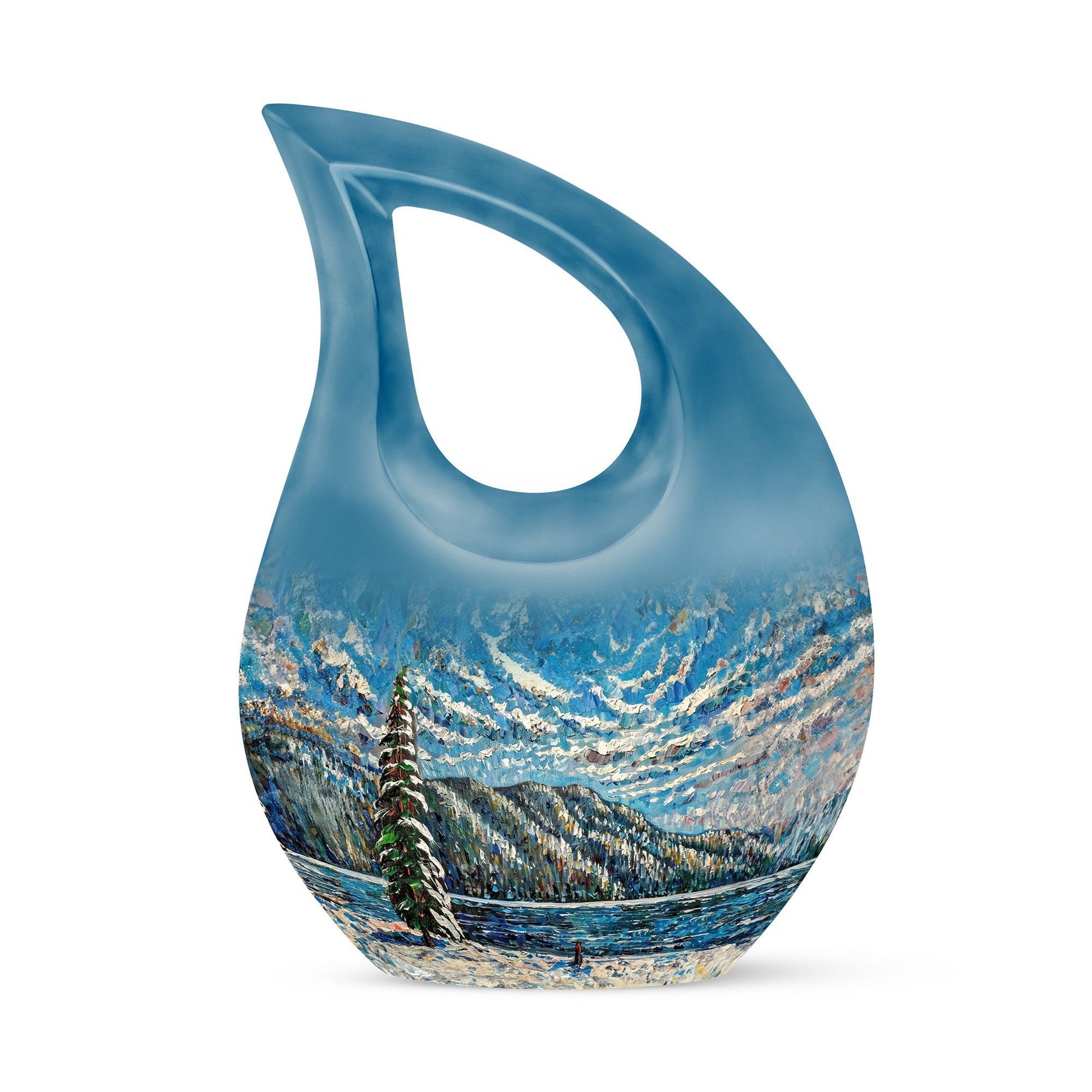 Extra large Mountain-themed cross drop cremation urn 