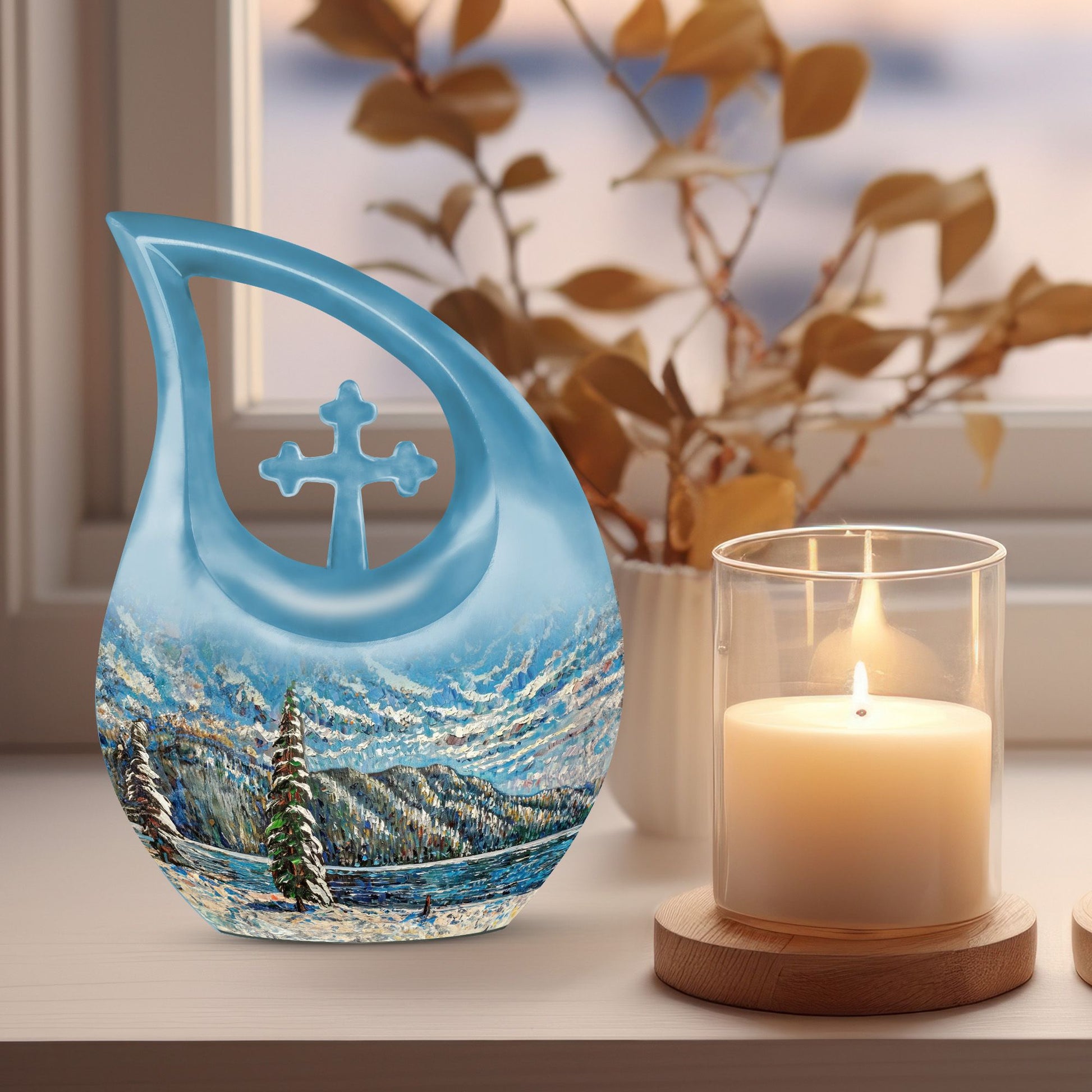 Extra large Mountain-themed cross drop cremation urn 