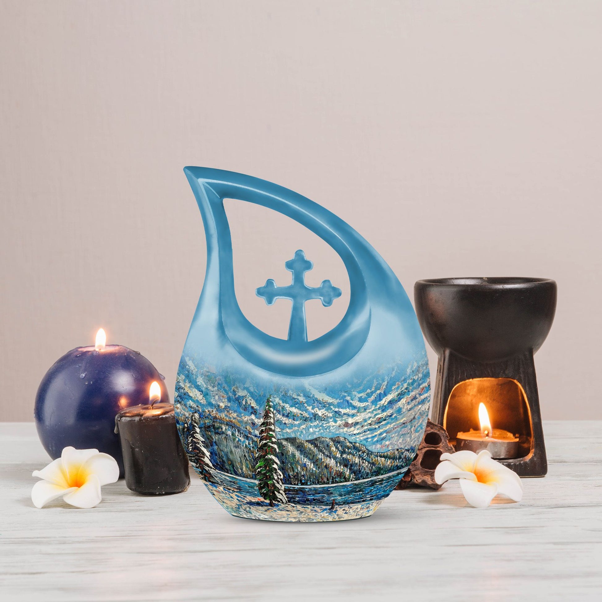 Extra large Mountain-themed cross drop cremation urn 