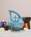 Extra large Mountain-themed cross drop cremation urn 