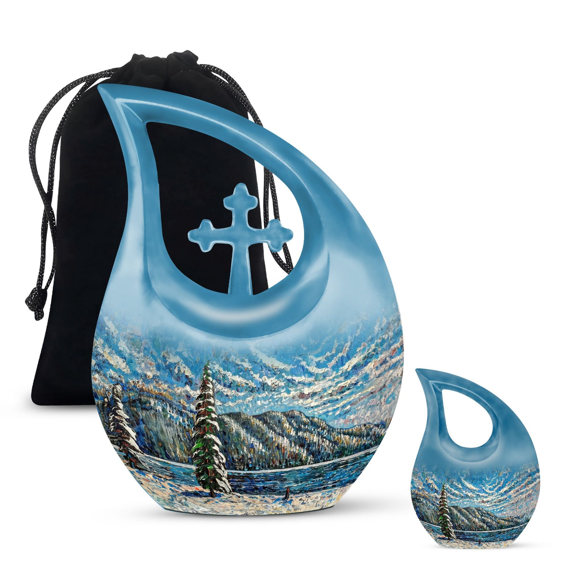 Extra large Mountain-themed cross drop cremation urn 