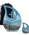 Extra large Mountain-themed cross drop cremation urn 