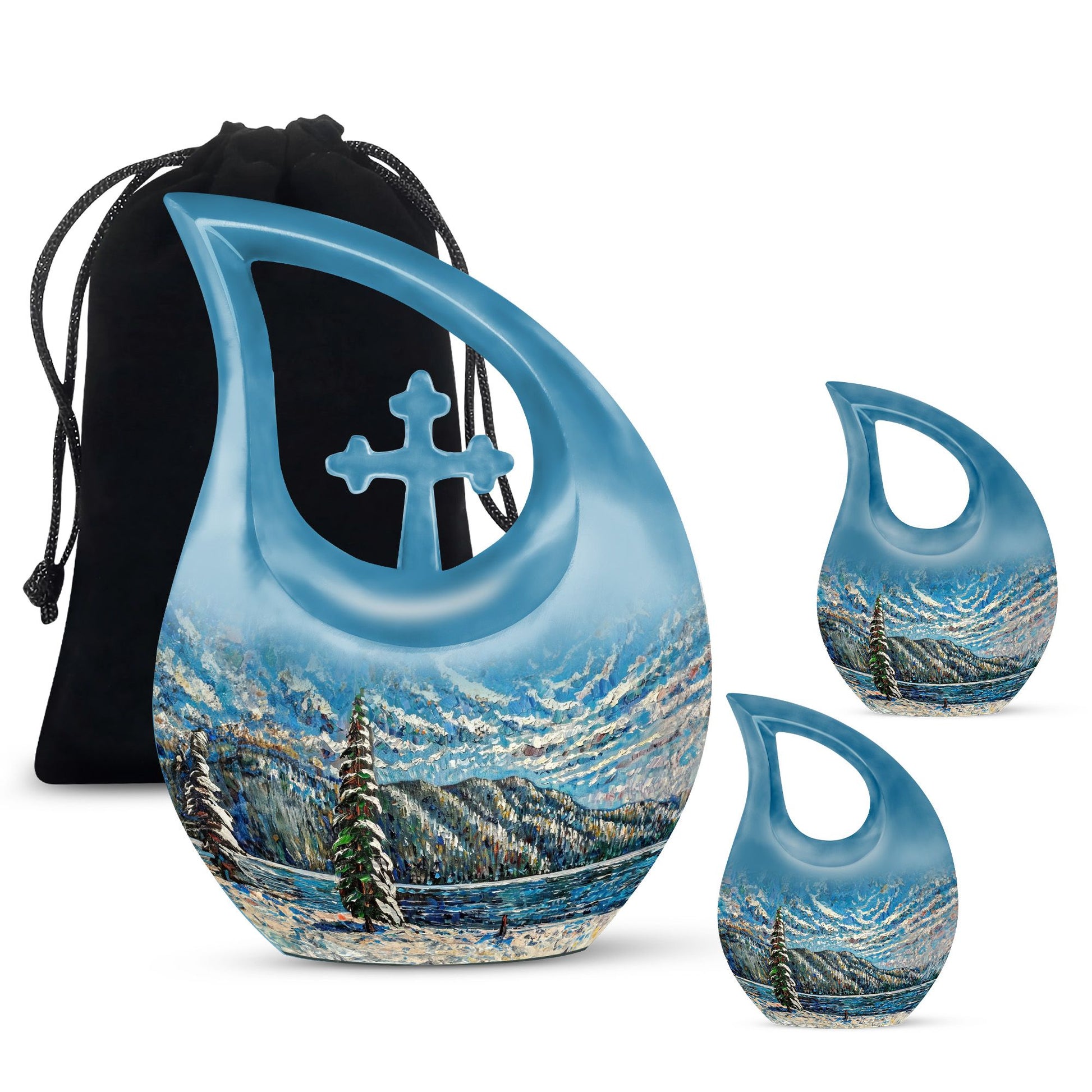 Extra large Mountain-themed cross drop cremation urn 