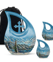 Extra large Mountain-themed cross drop cremation urn 