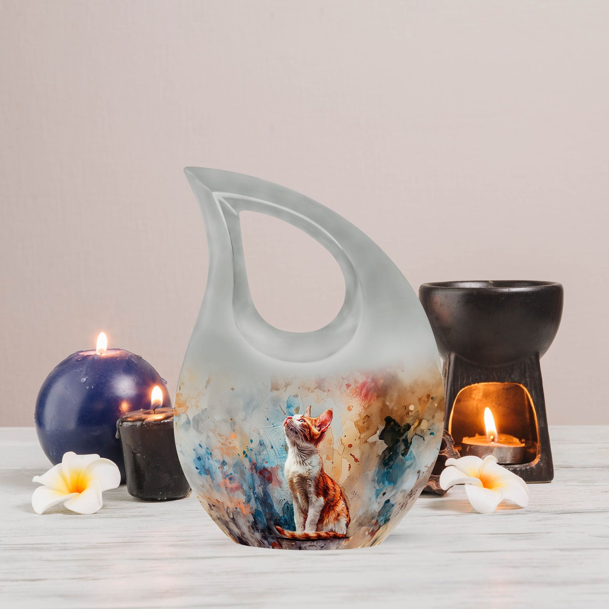 orange cat-themed cremation urn