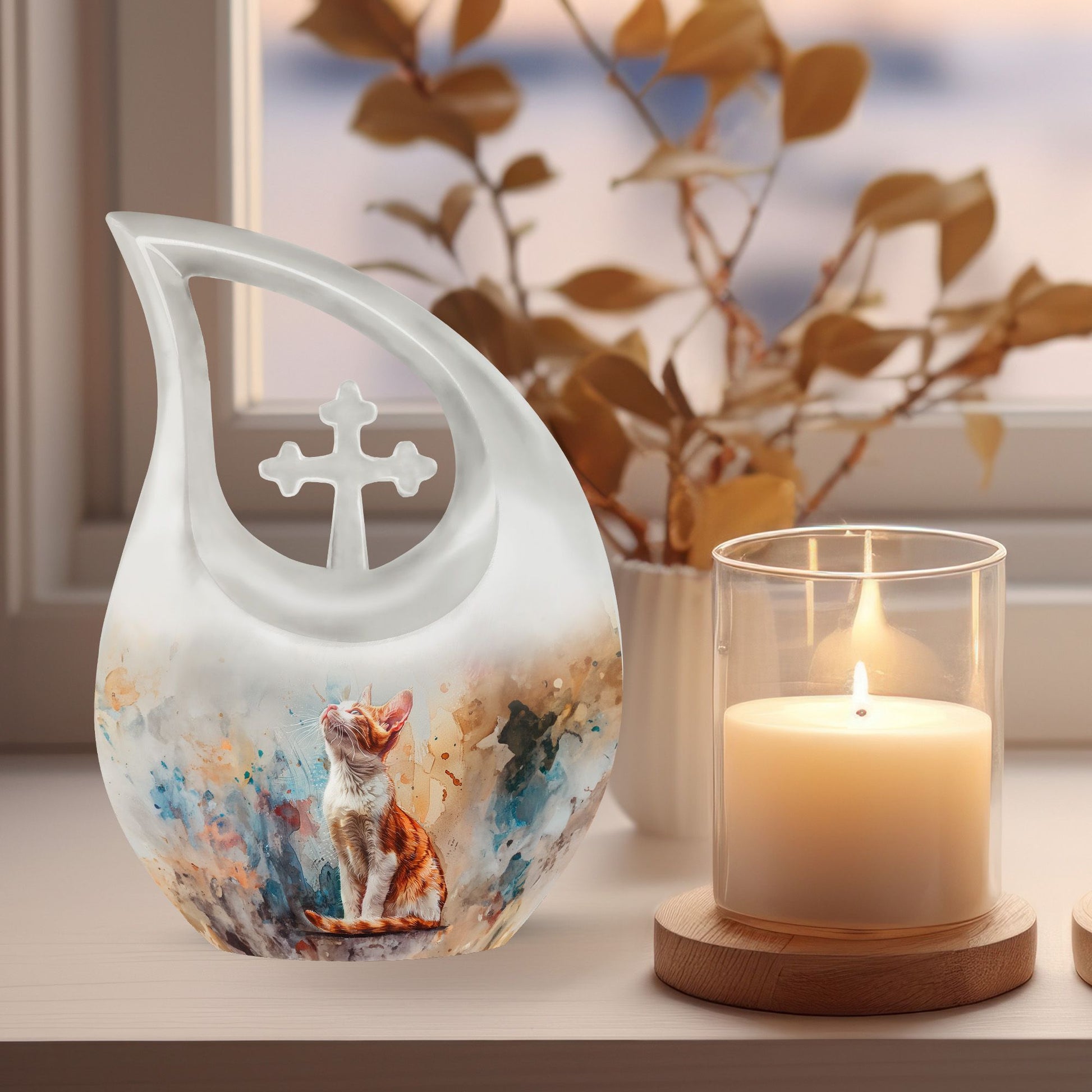 orange cat-themed cremation urn