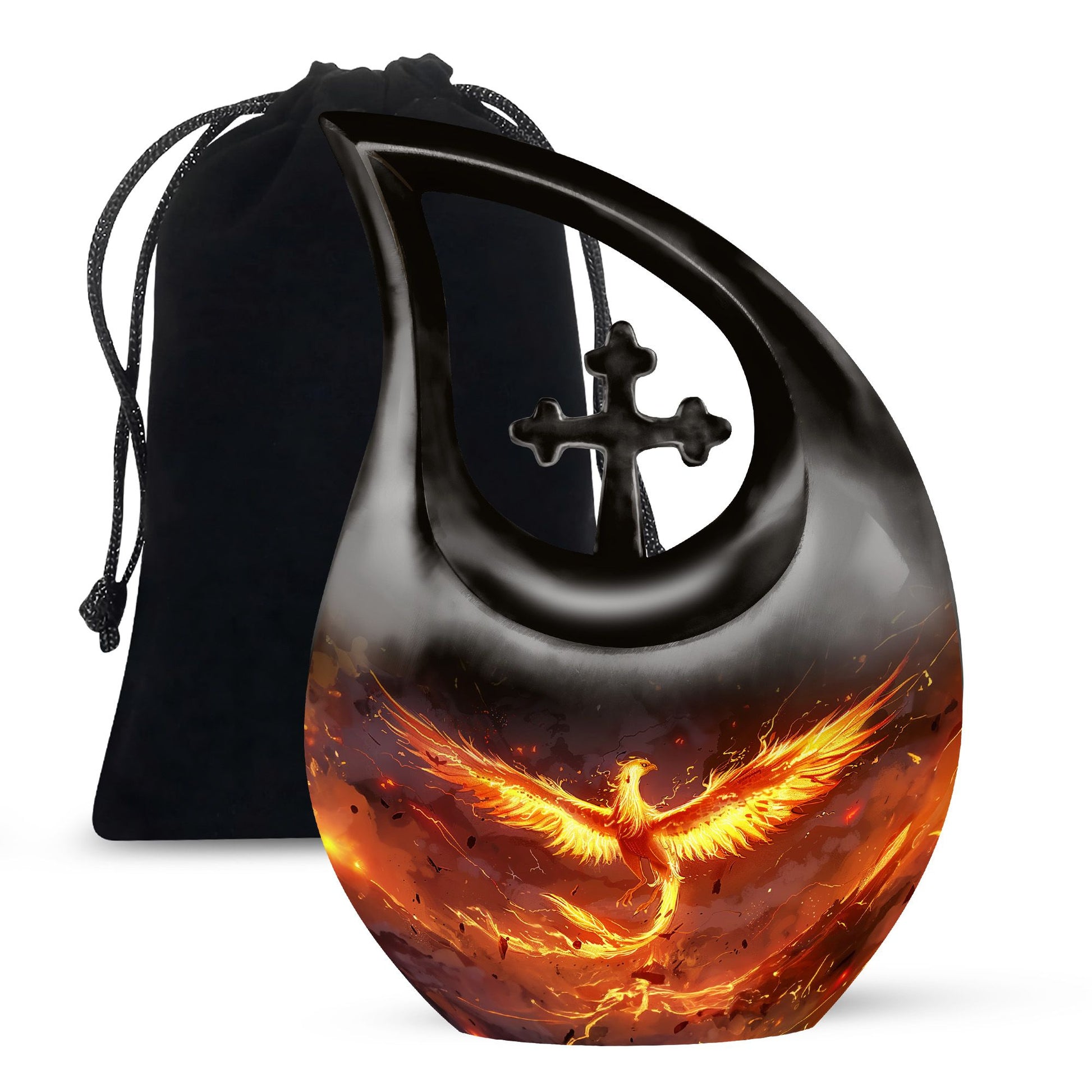 Phoenix urn with Cross Drop design for men's ashes, includes velvet pouch