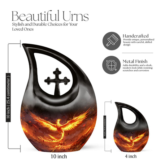 Phoenix urn with Cross Drop design for men's ashes, includes velvet pouch