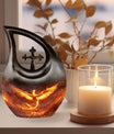 Phoenix urn with Cross Drop design for men's ashes, includes velvet pouch