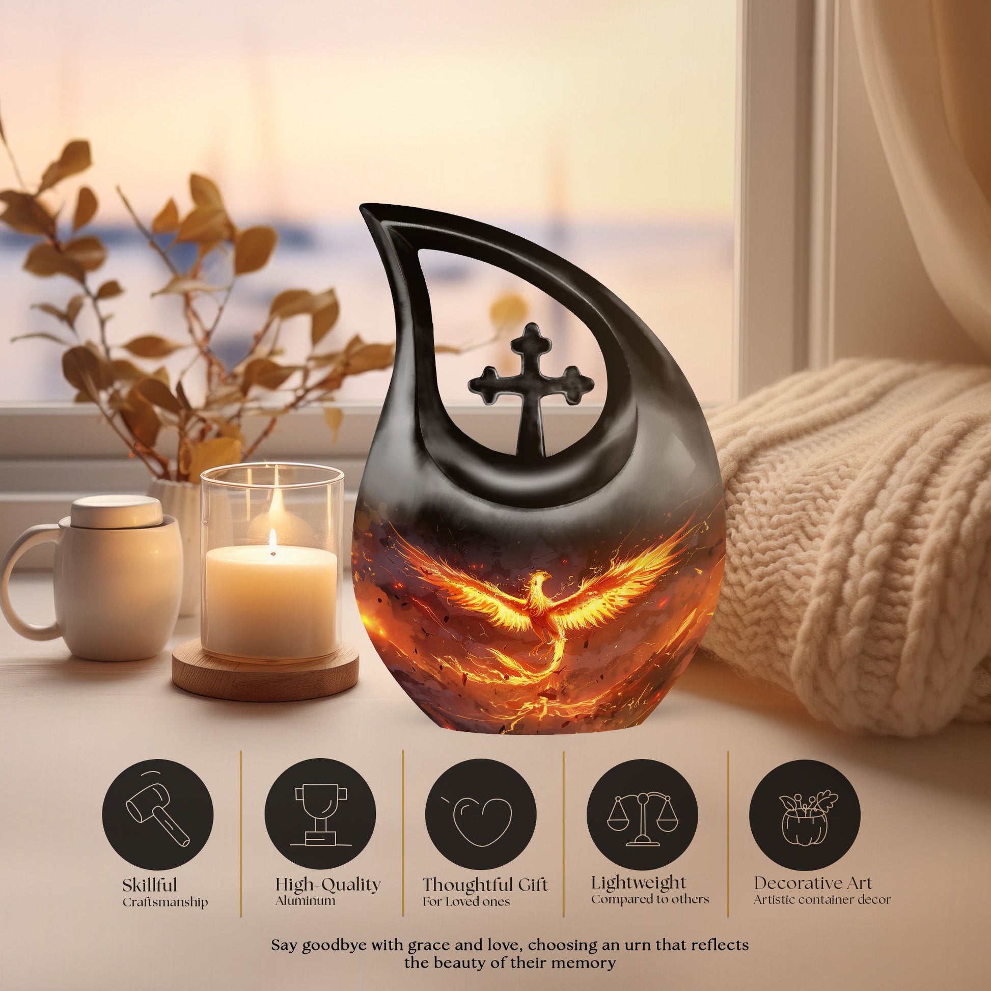 Phoenix urn with Cross Drop design for men's ashes, includes velvet pouch