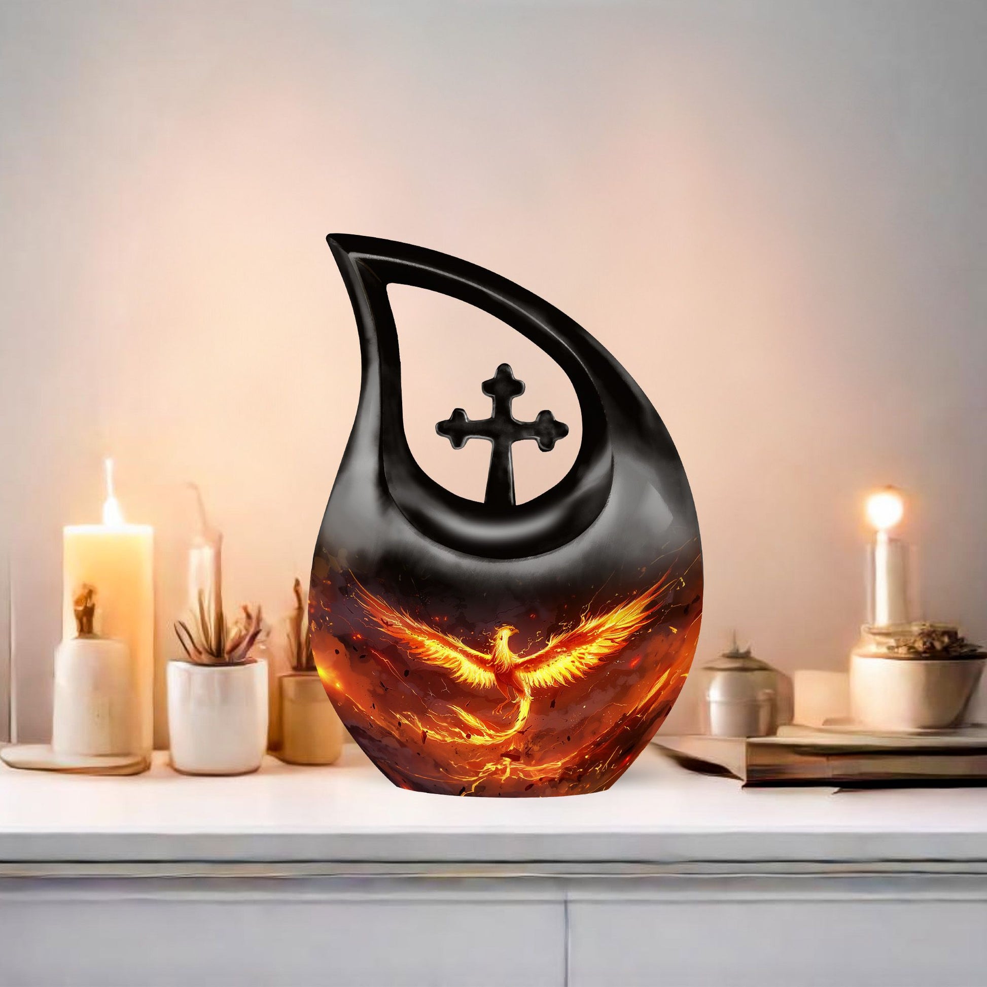 Phoenix urn with Cross Drop design for men's ashes, includes velvet pouch