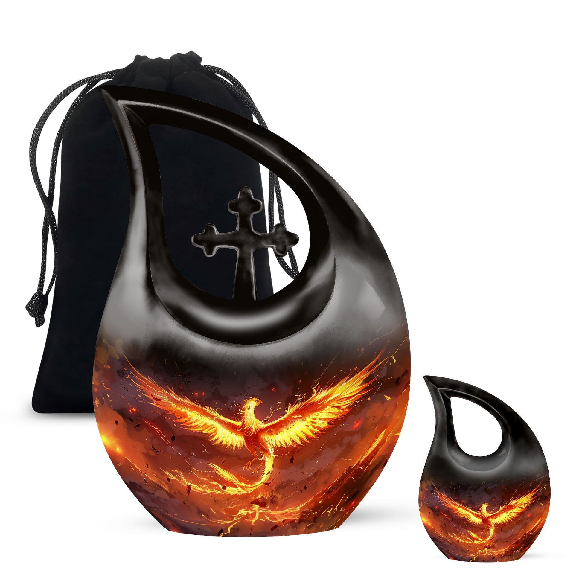 Phoenix urn with Cross Drop design for men's ashes, includes velvet pouch