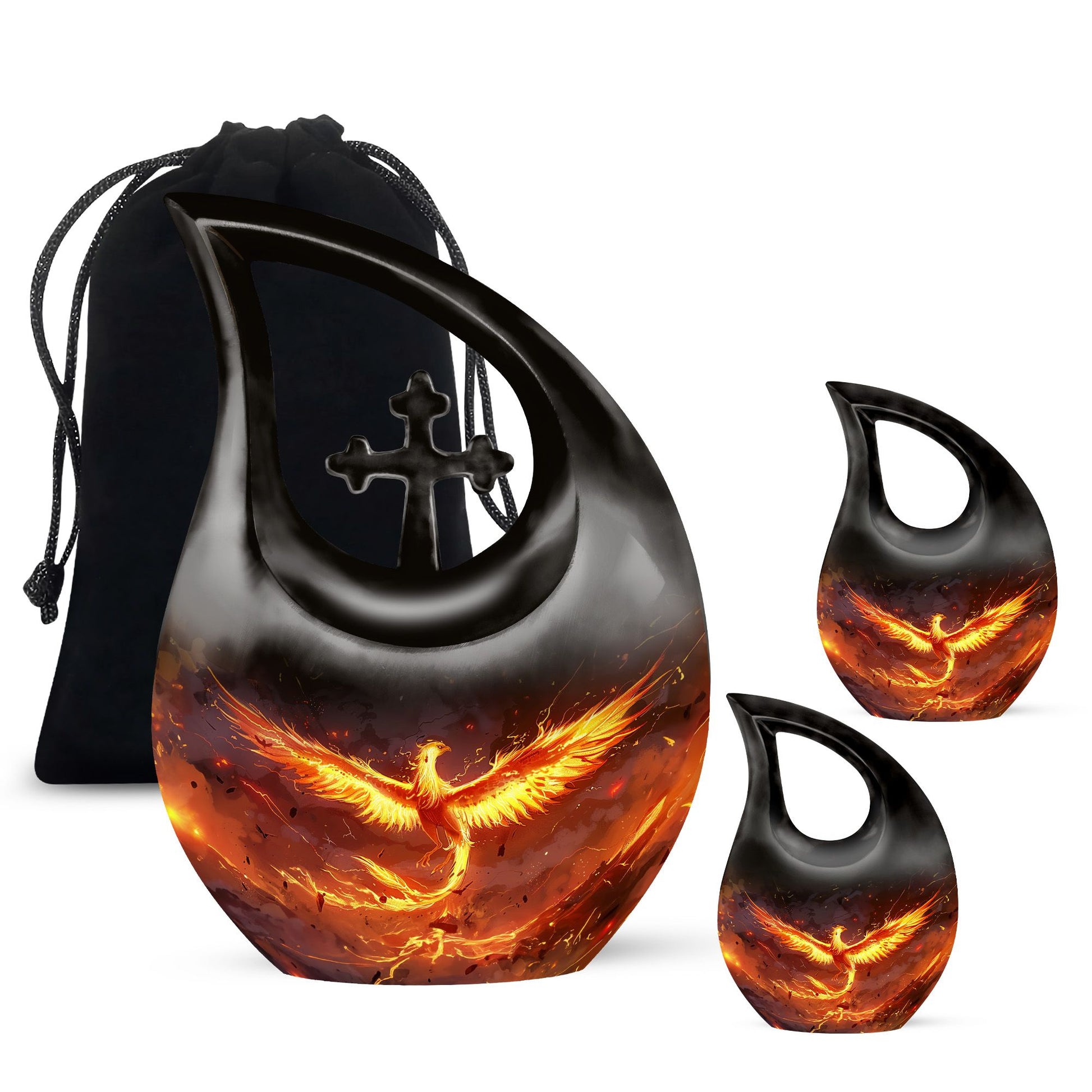 Phoenix urn with Cross Drop design for men's ashes, includes velvet pouch