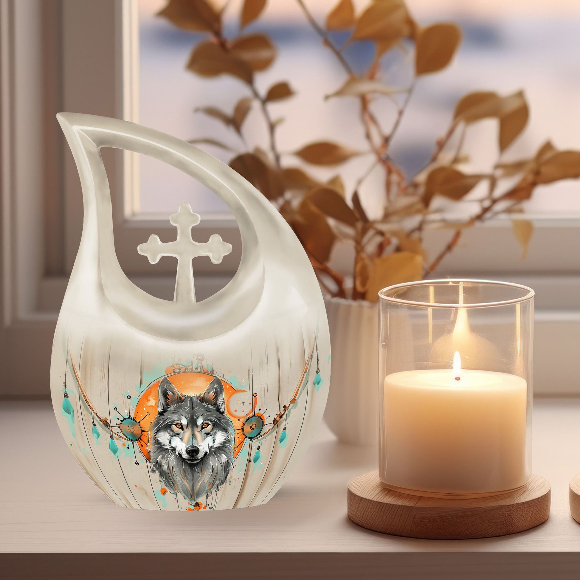 Wolf Themed Cross Drop Cremation Urn