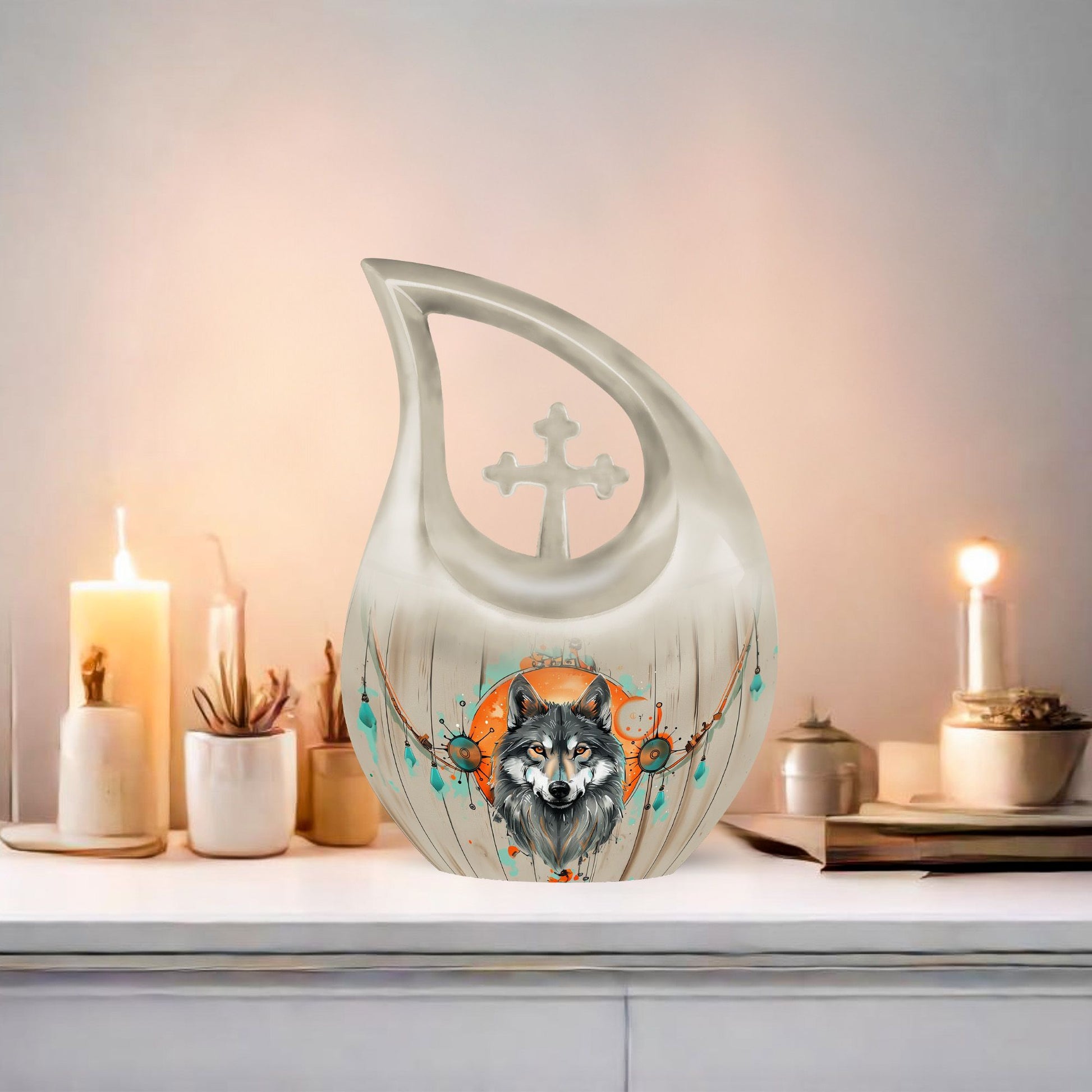 Wolf Themed Cross Drop Cremation Urn