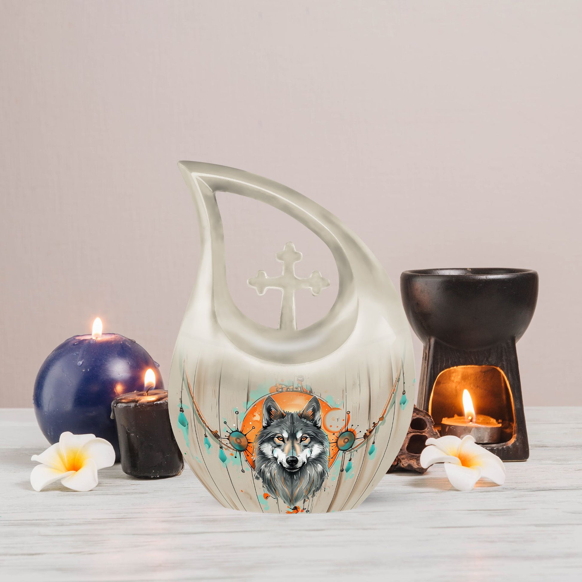 Wolf Themed Cross Drop Cremation Urn