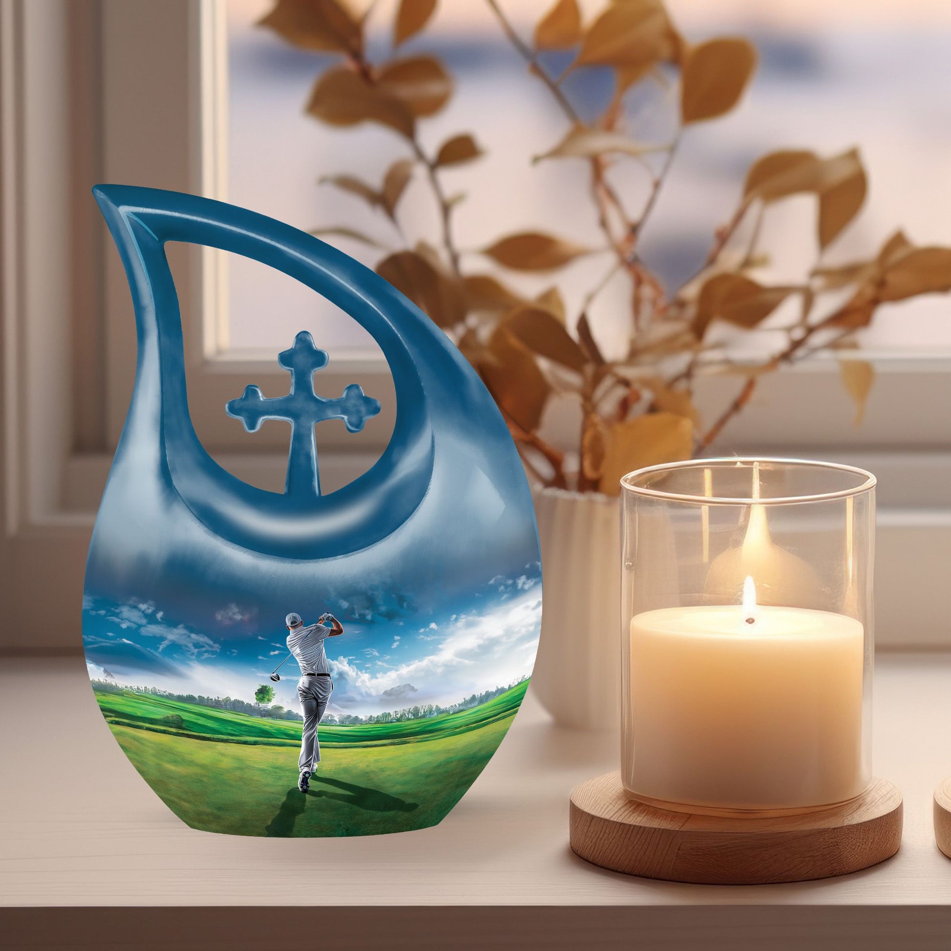 10-inch Golf Themed Cross Drop Urn