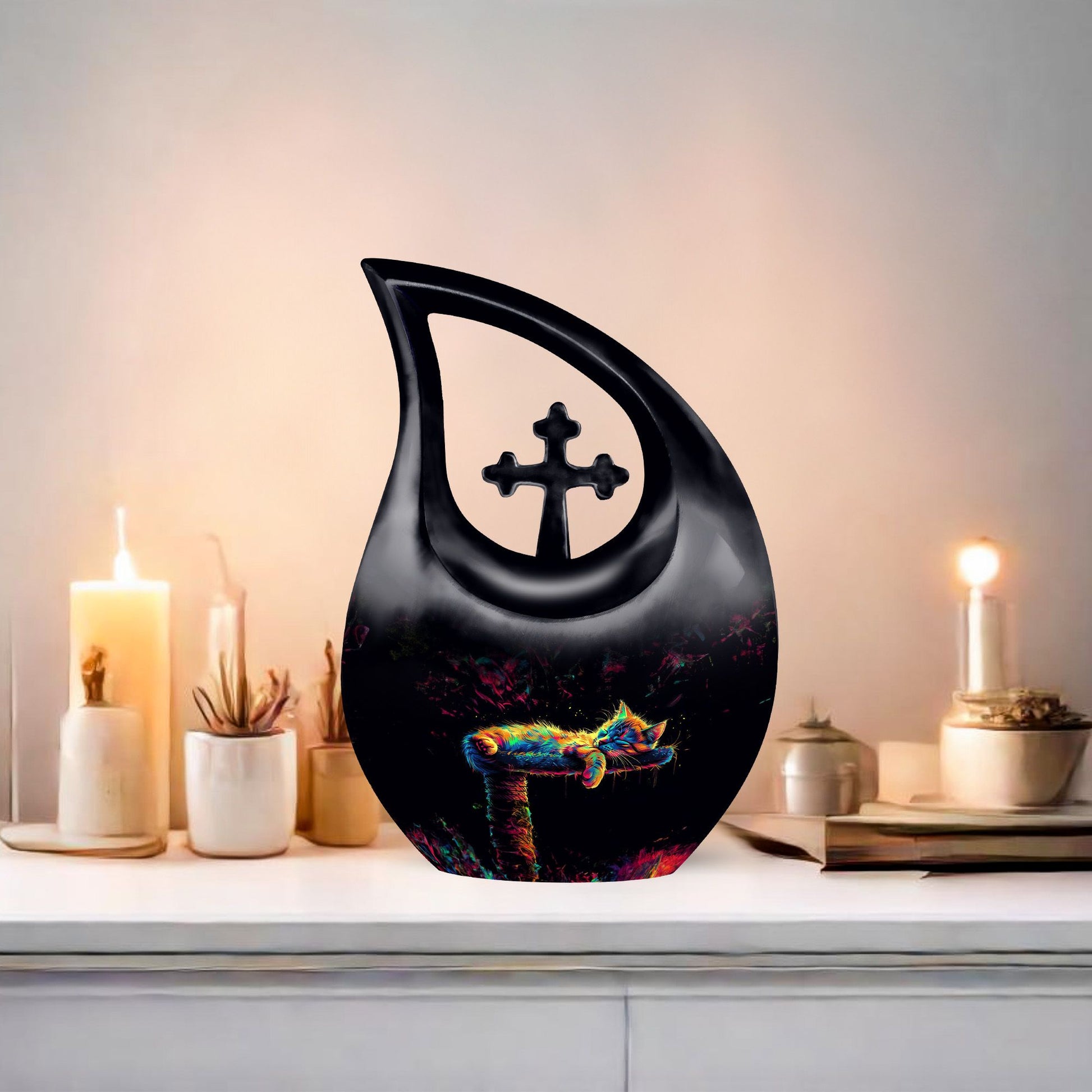 10-inch Cross Drop design Cat Urn 