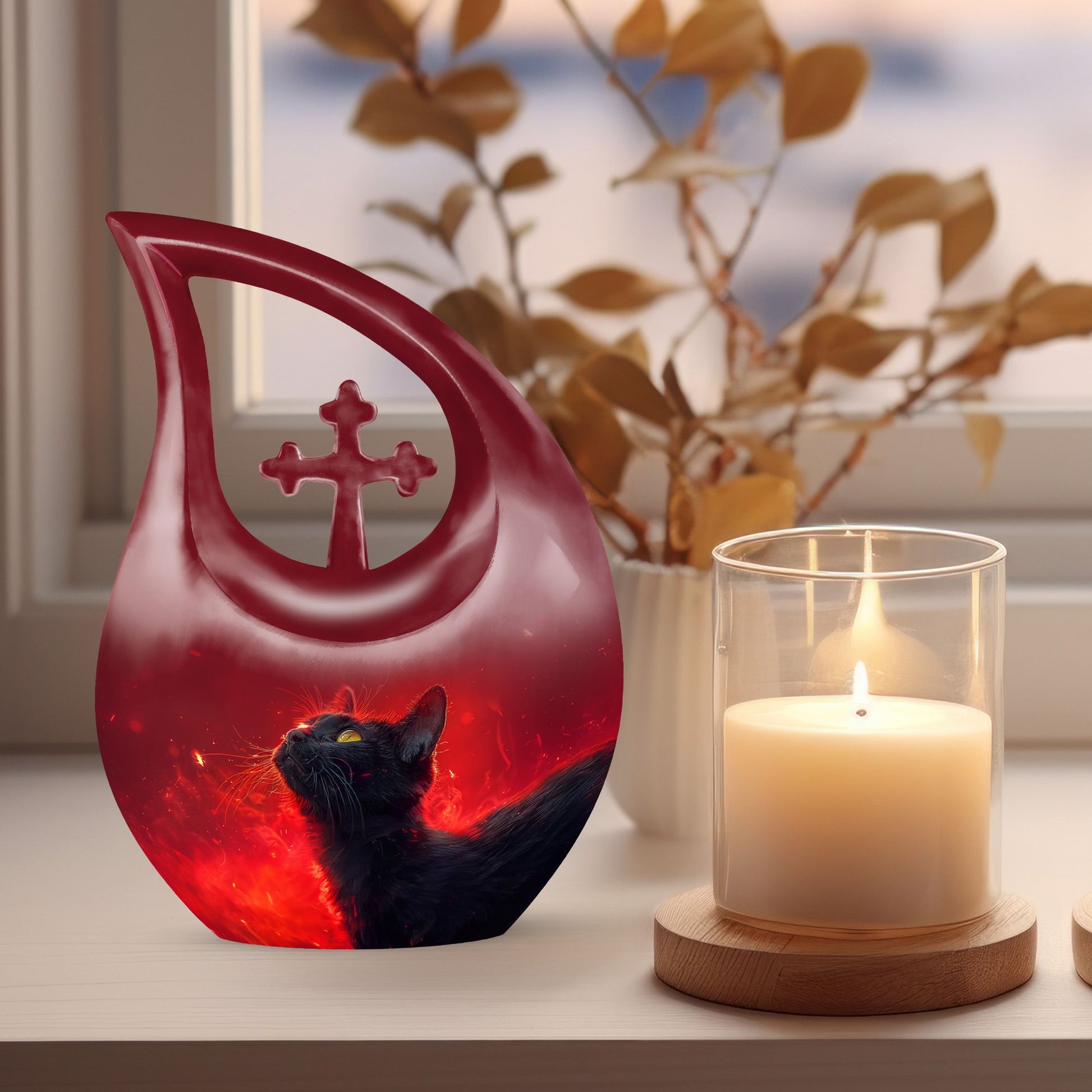 10 inch Aluminum Large Cat Themed Cross Drop Memorial Urn