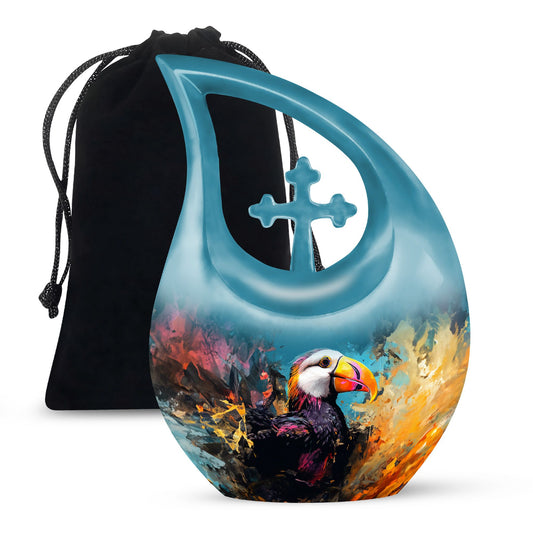 Cross Drop design Puffin Bird themed small cremation urn, 