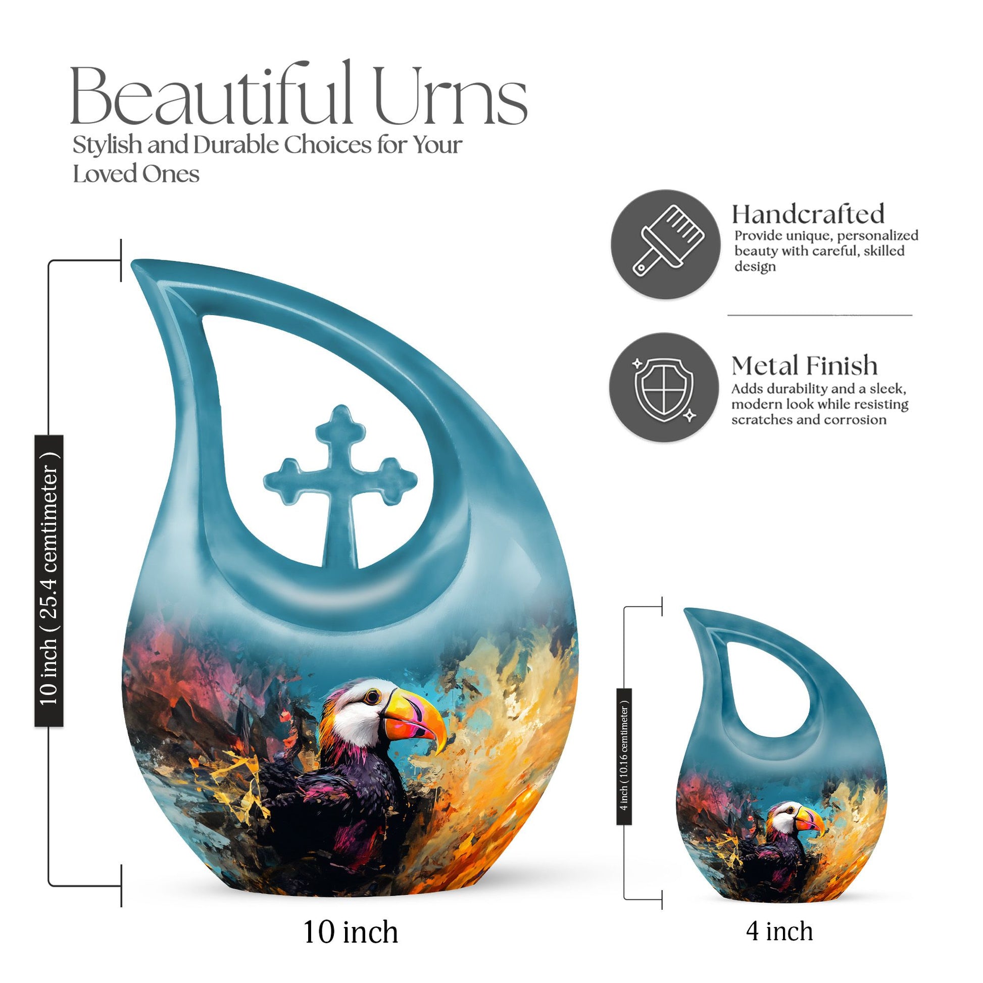 Cross Drop design Puffin Bird themed small cremation urn, 