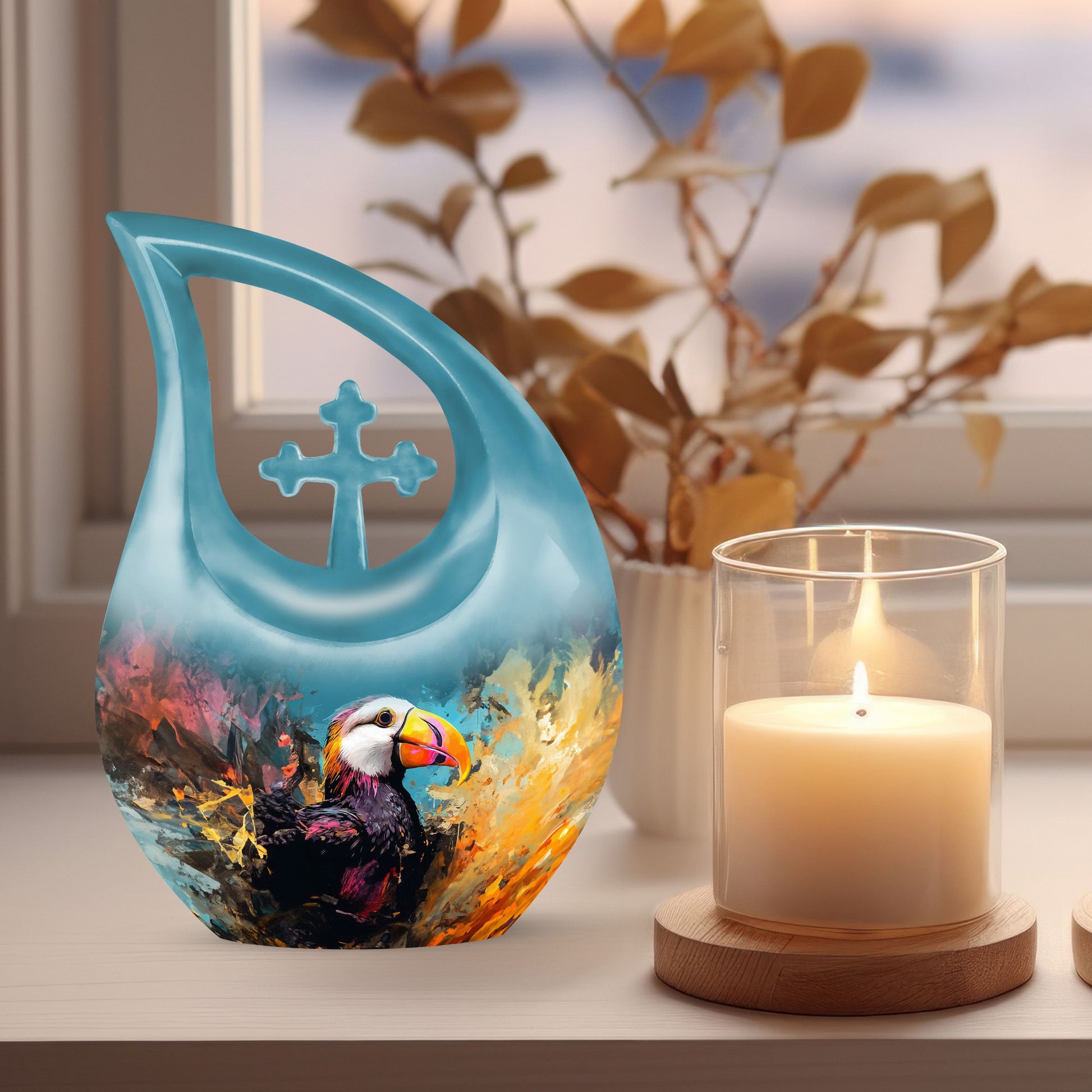 Cross Drop design Puffin Bird themed small cremation urn, 