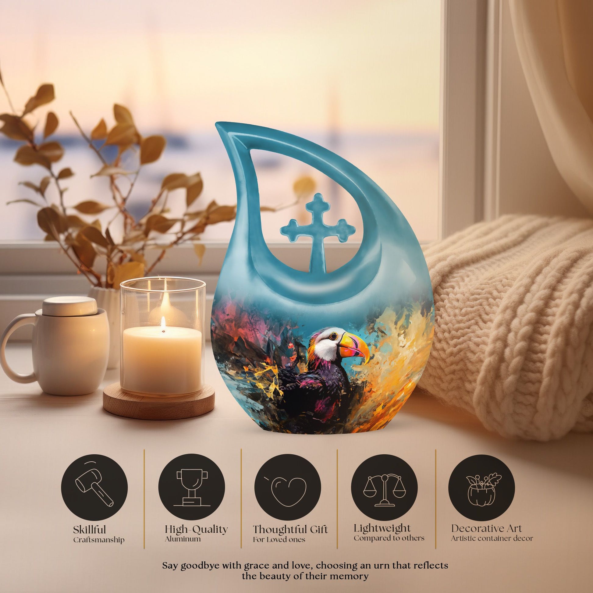 Cross Drop design Puffin Bird themed small cremation urn, 