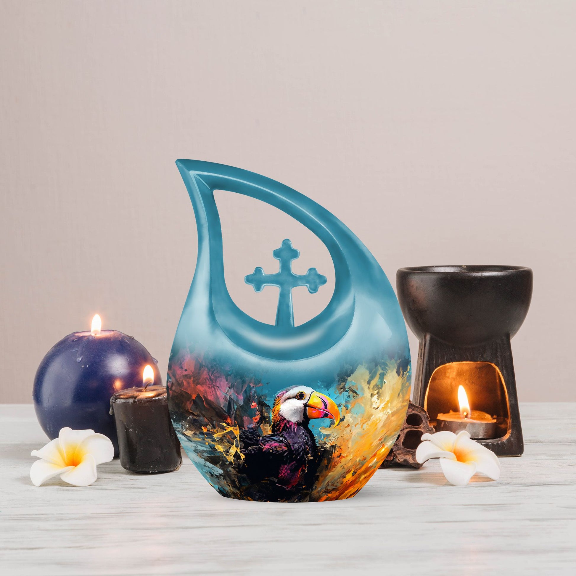 Cross Drop design Puffin Bird themed small cremation urn, 