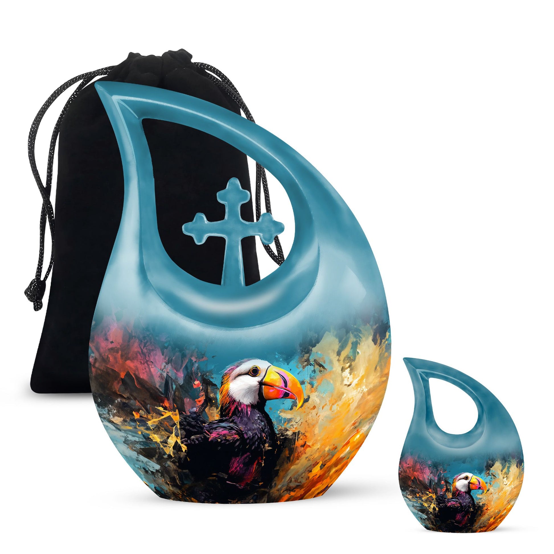 Cross Drop design Puffin Bird themed small cremation urn, 