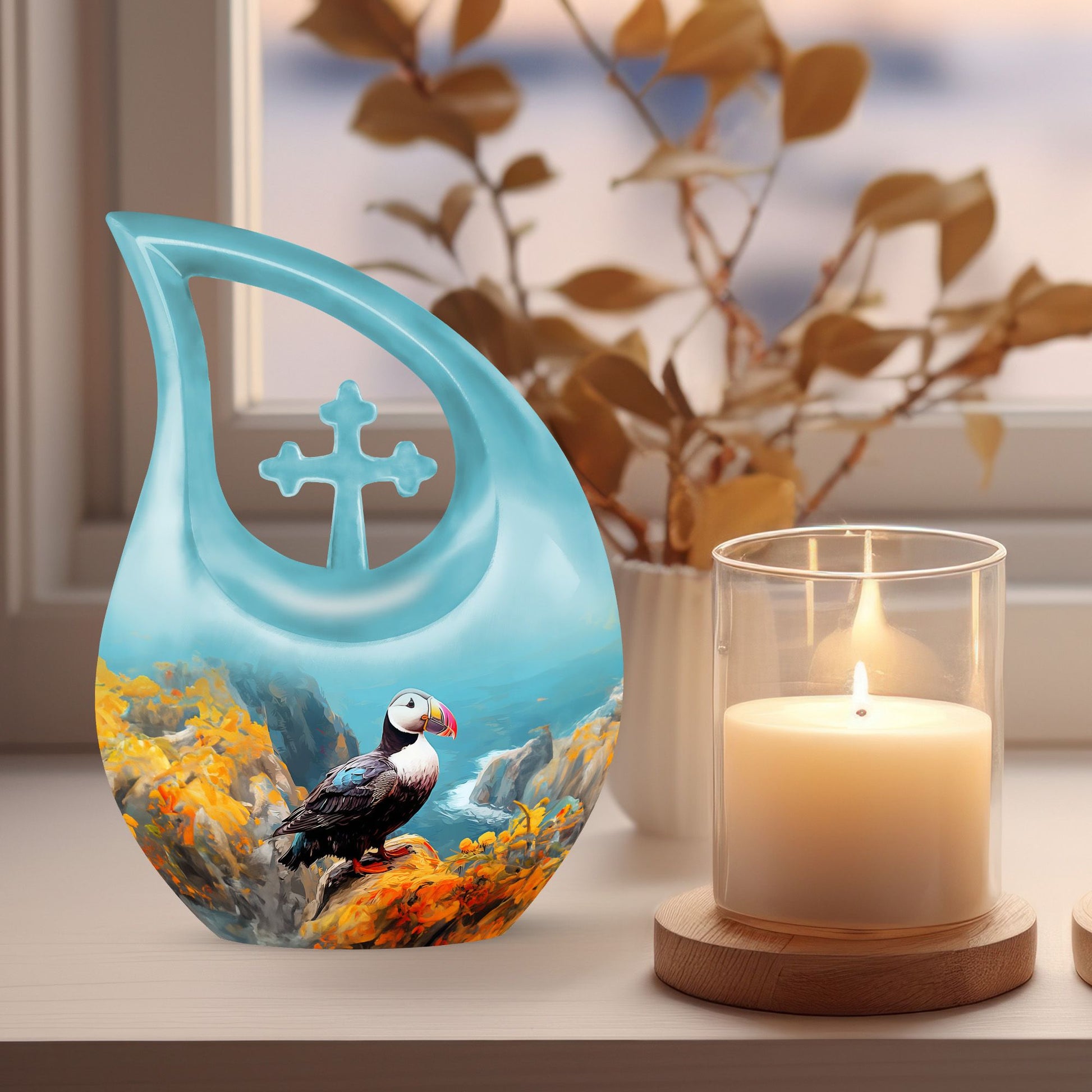 Puffin Bird themed Cross Drop Urn