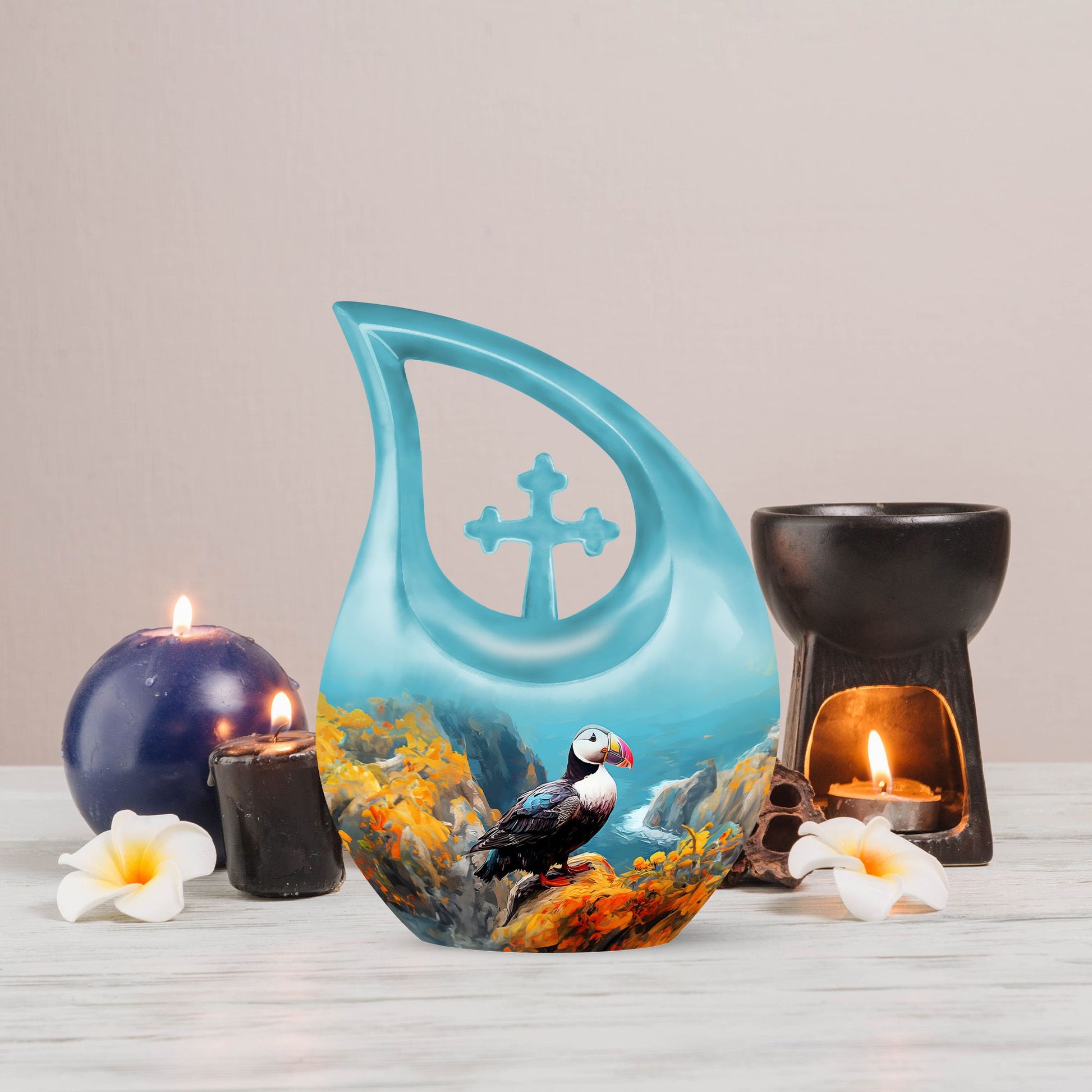 Puffin Bird themed Cross Drop Urn