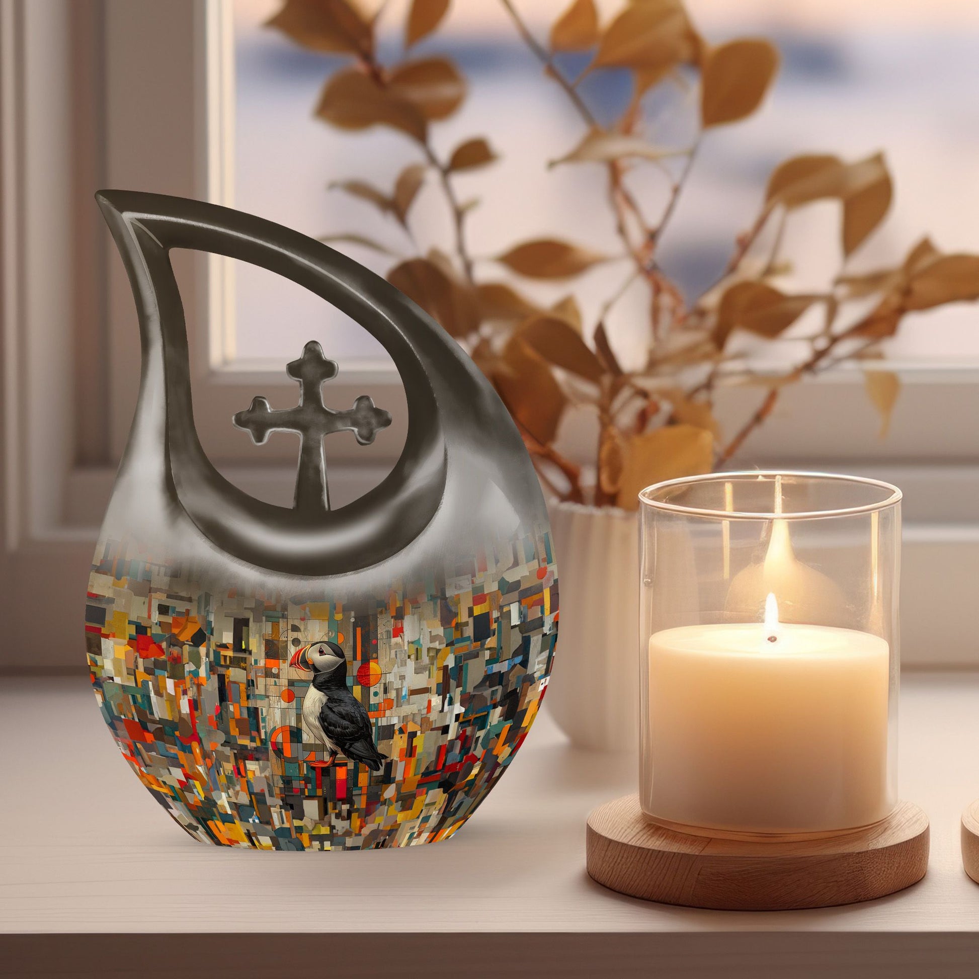 10 Inch Puffin Bird themed Cross Drop Funeral Urn 