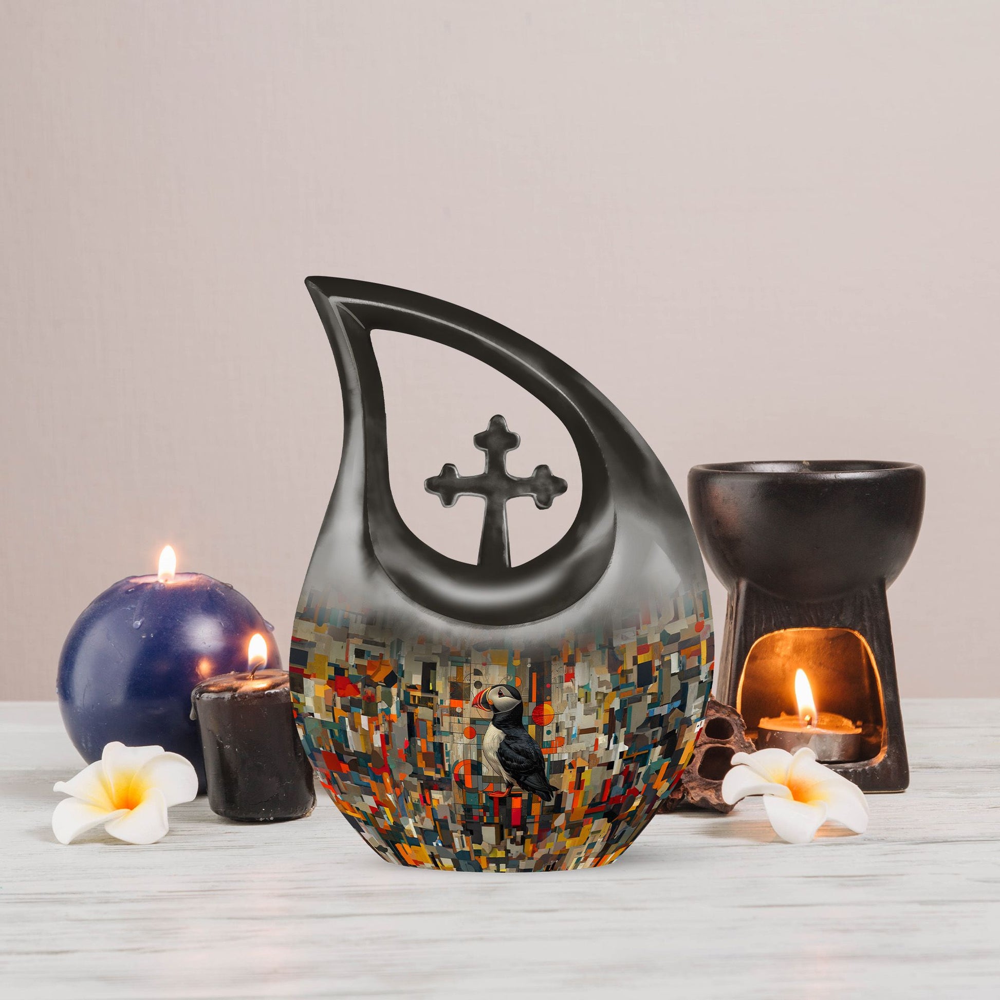 10 Inch Puffin Bird themed Cross Drop Funeral Urn 