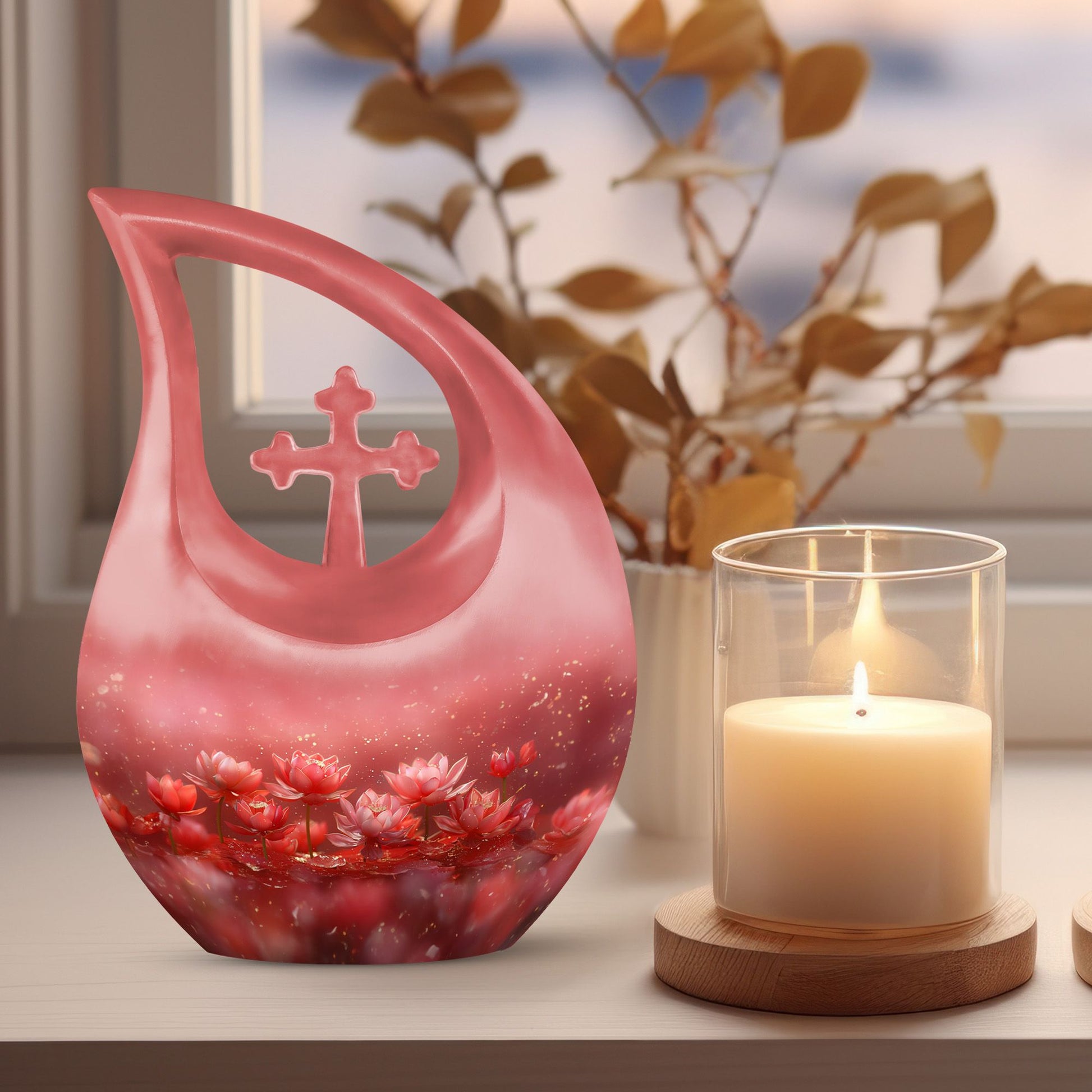 10-inch Lotus-themed Cross Drop Mini Urn,