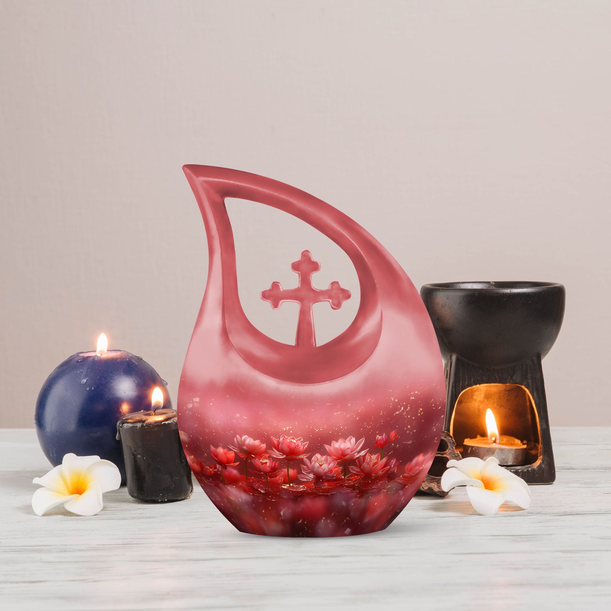 10-inch Lotus-themed Cross Drop Mini Urn,