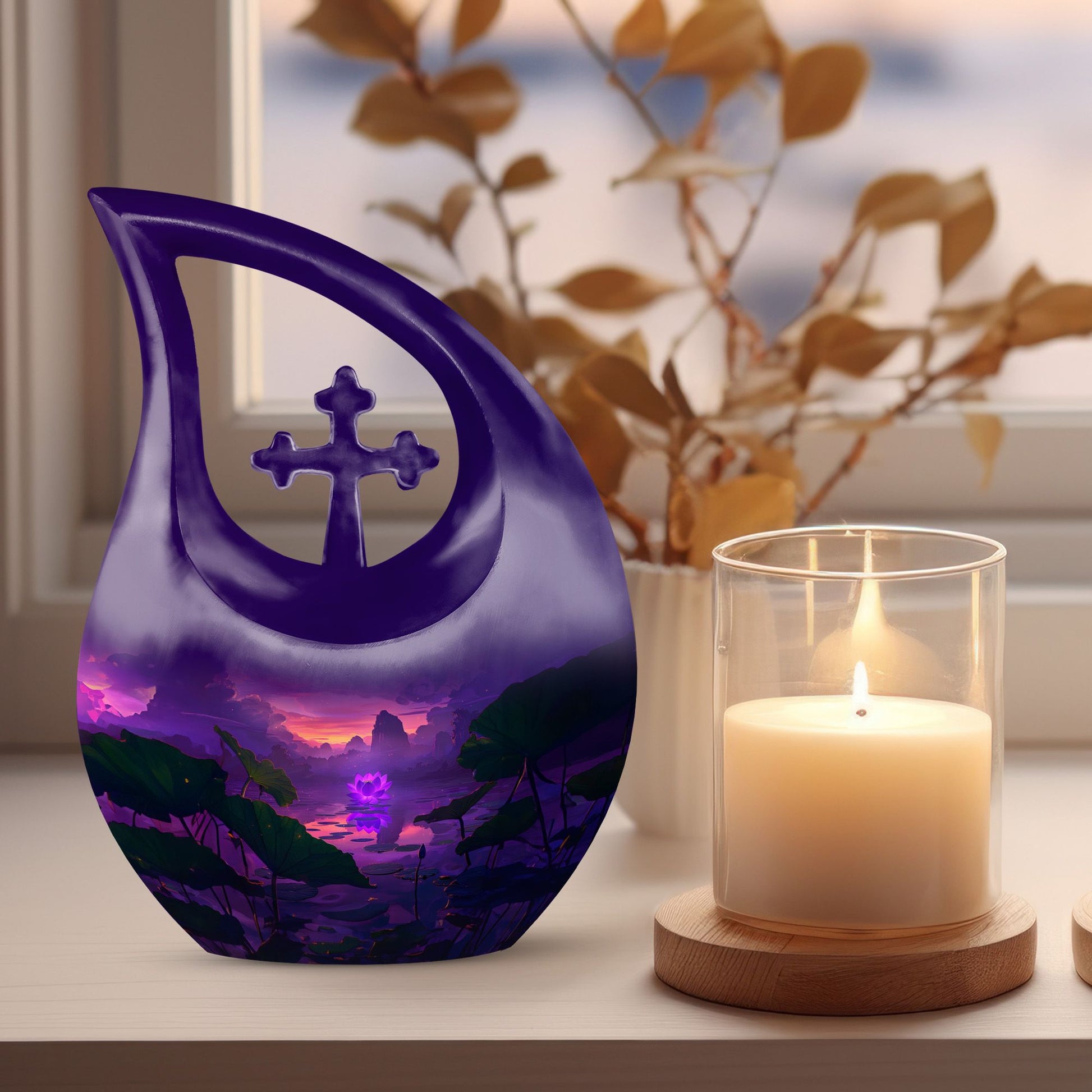 Lotus themed, 10-inch Large Cross Drop Designed Memorial Urn