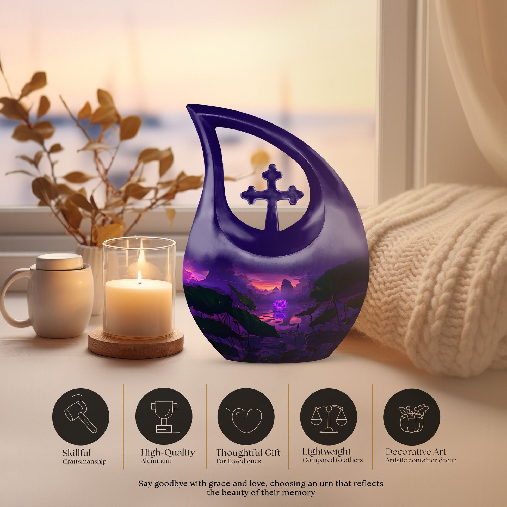 Lotus themed, 10-inch Large Cross Drop Designed Memorial Urn