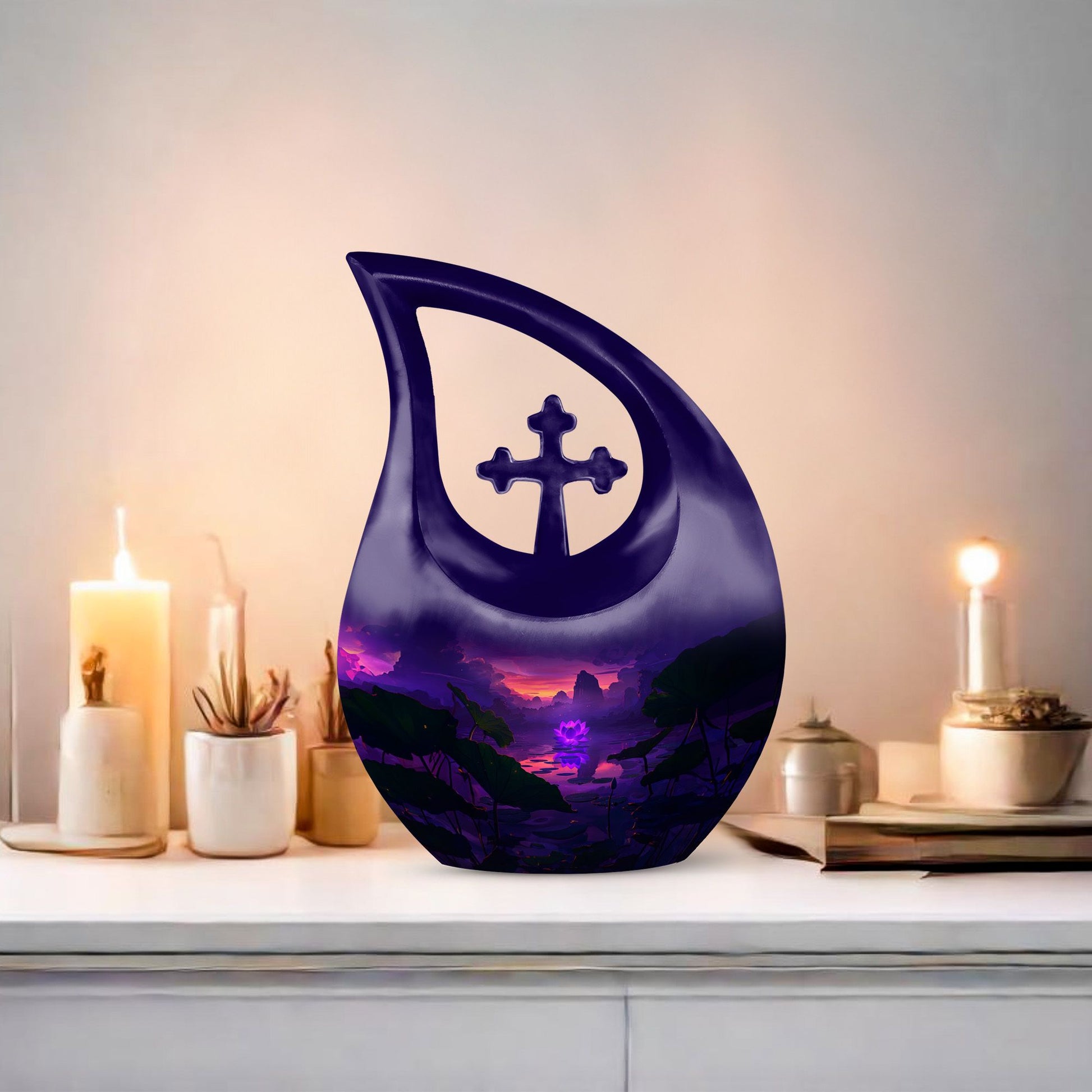 Lotus themed, 10-inch Large Cross Drop Designed Memorial Urn