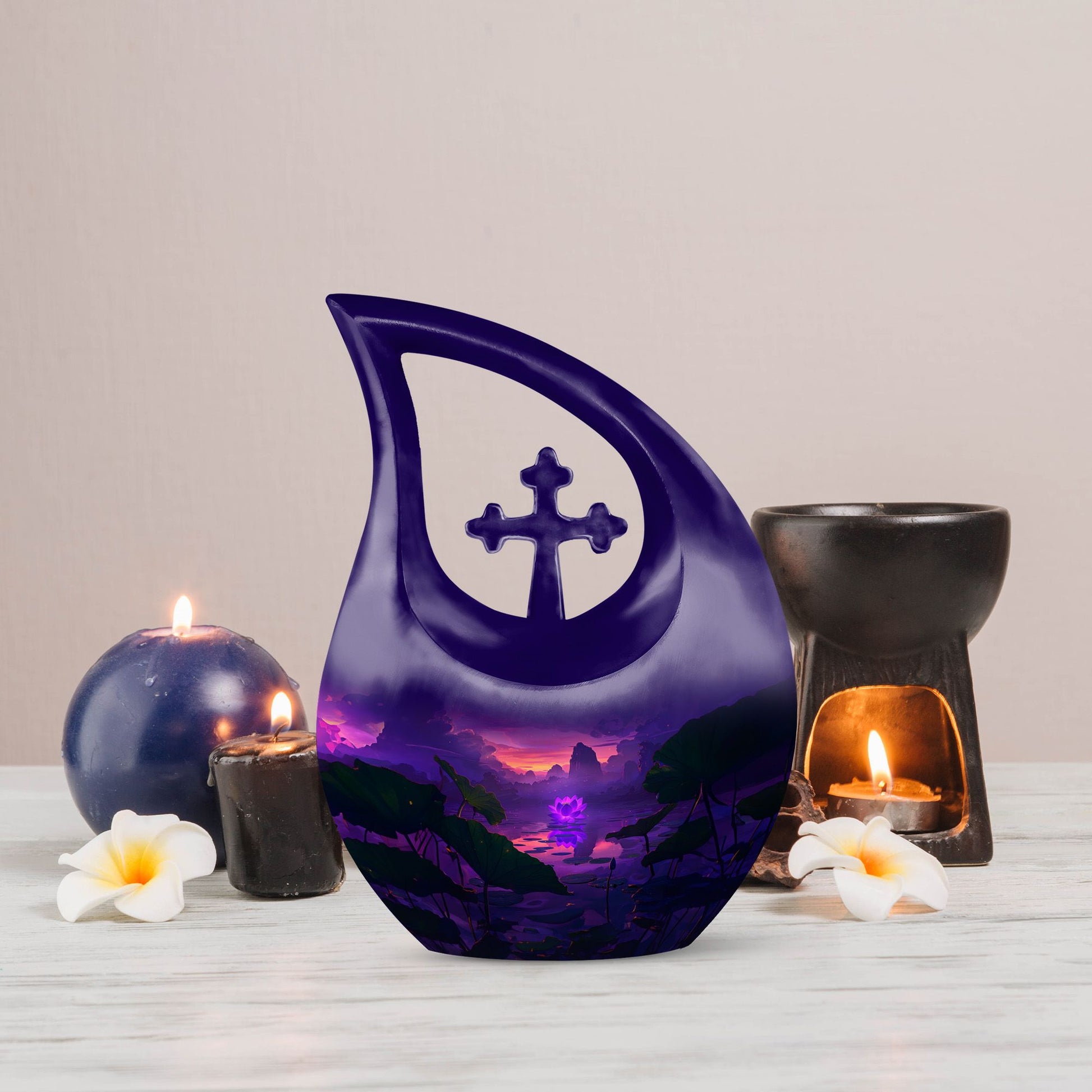 Lotus themed, 10-inch Large Cross Drop Designed Memorial Urn