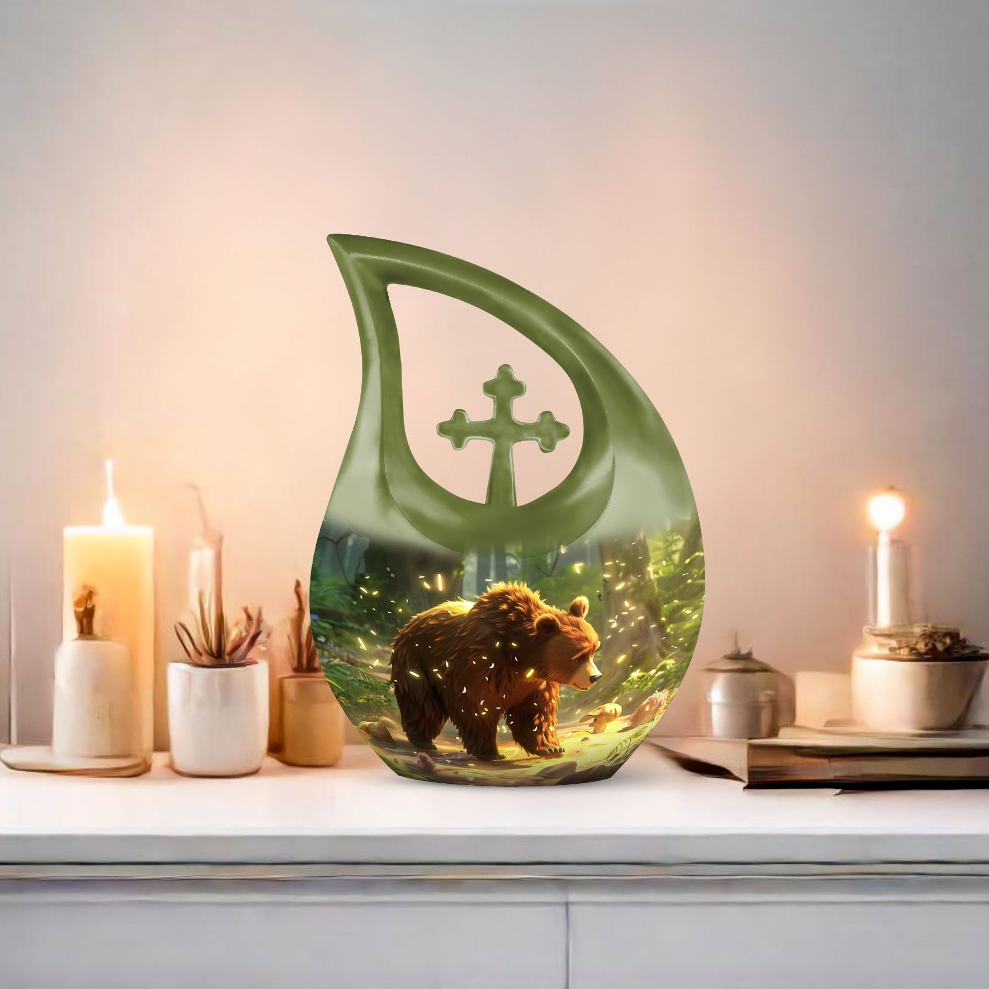 10-inch Bear themed Cross Drop Urn, 