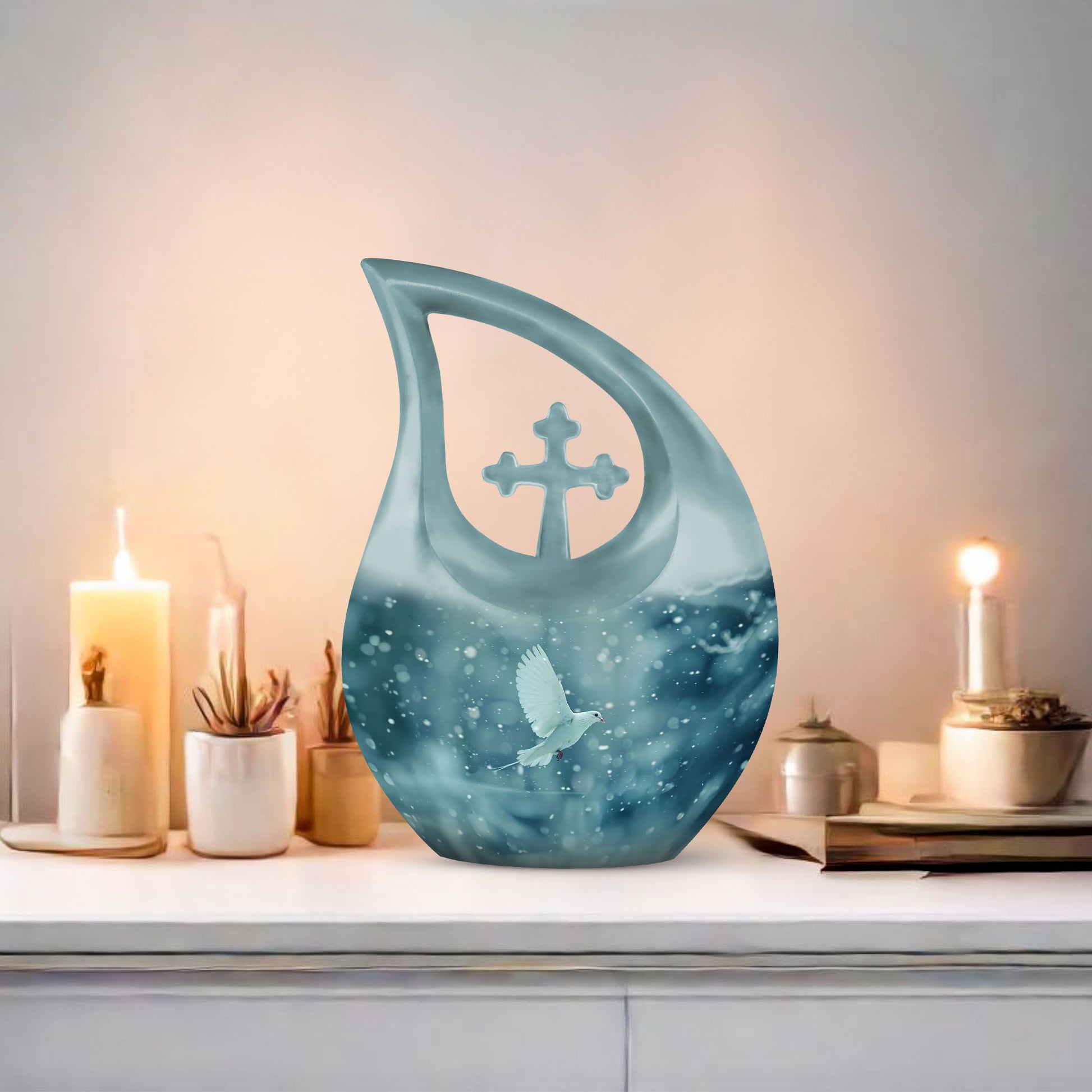 10-inch Dove Themed Cross Drop Design Cremation Urn