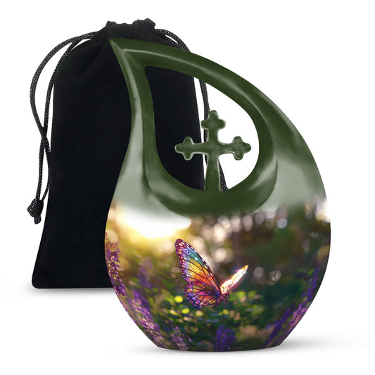 Butterfly themed cross drop urn 