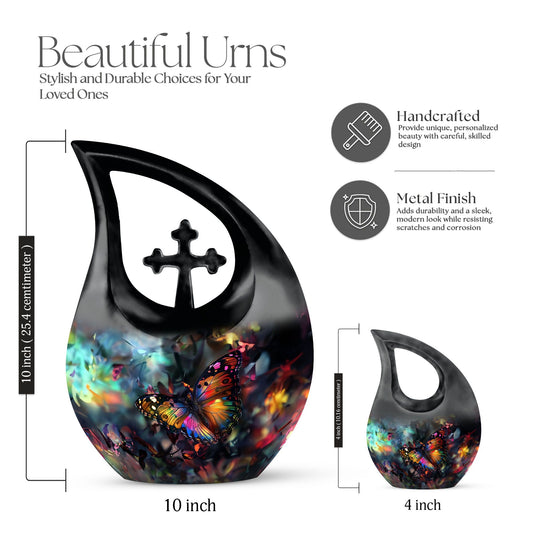 10-inch Butterfly themed Cross Drop design Urn 