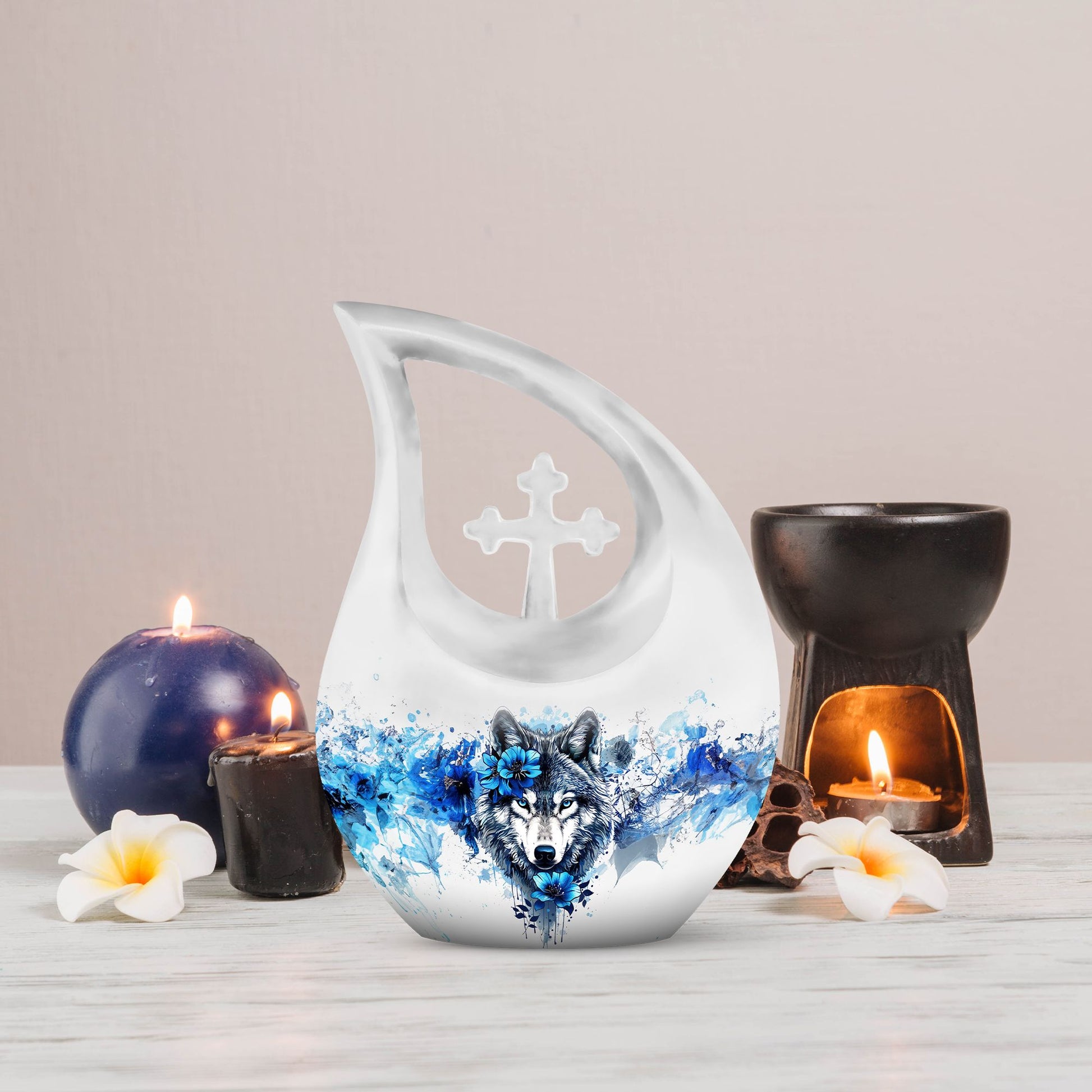 Wolf-themed Cross Drop Memorial Urn