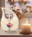 10-inch pink Mapple Leaf urn with Cross Drop design,